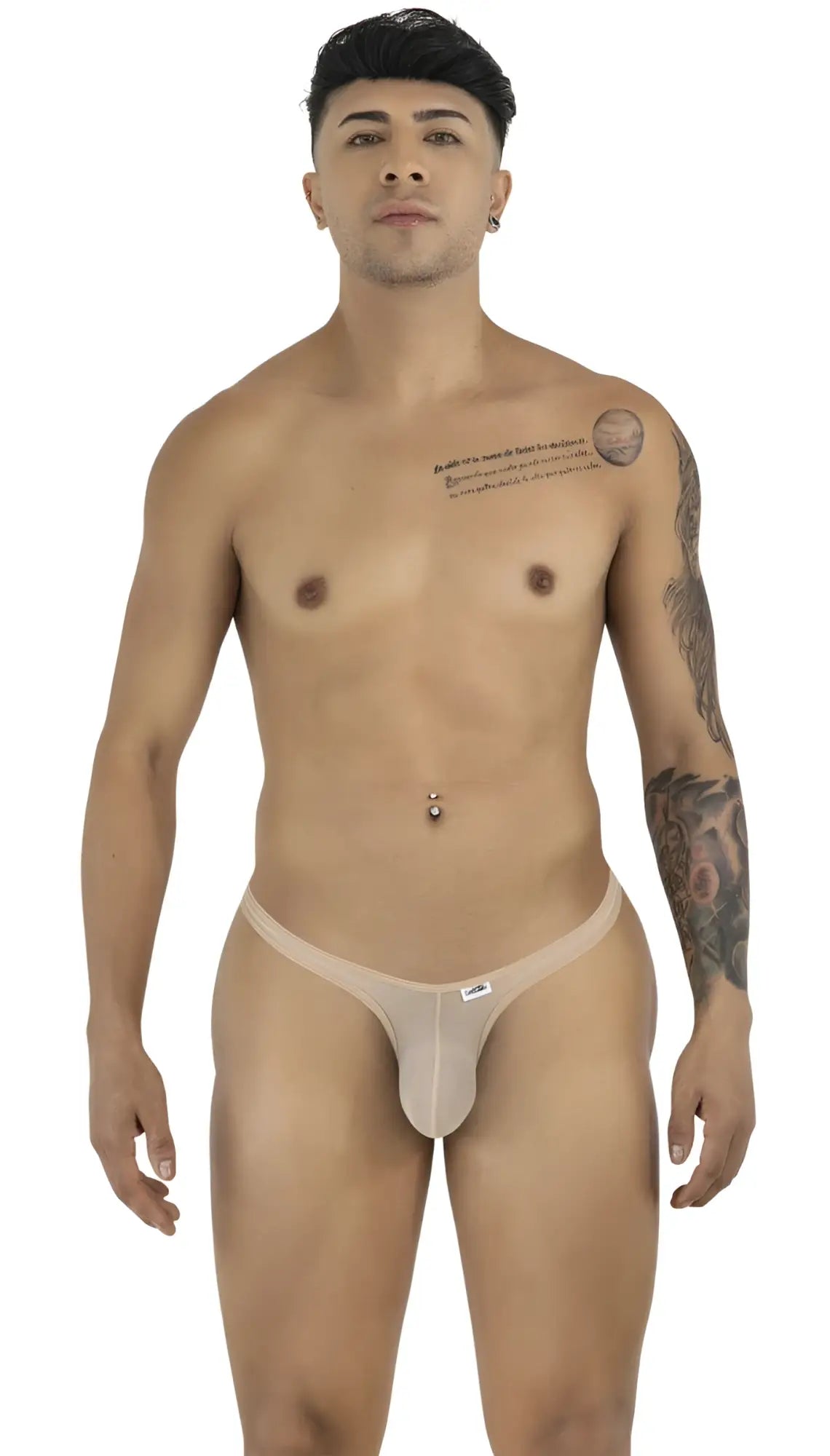 CandyMan beige mesh G-string thong with a minimalist design and small logo label on the front waistband.