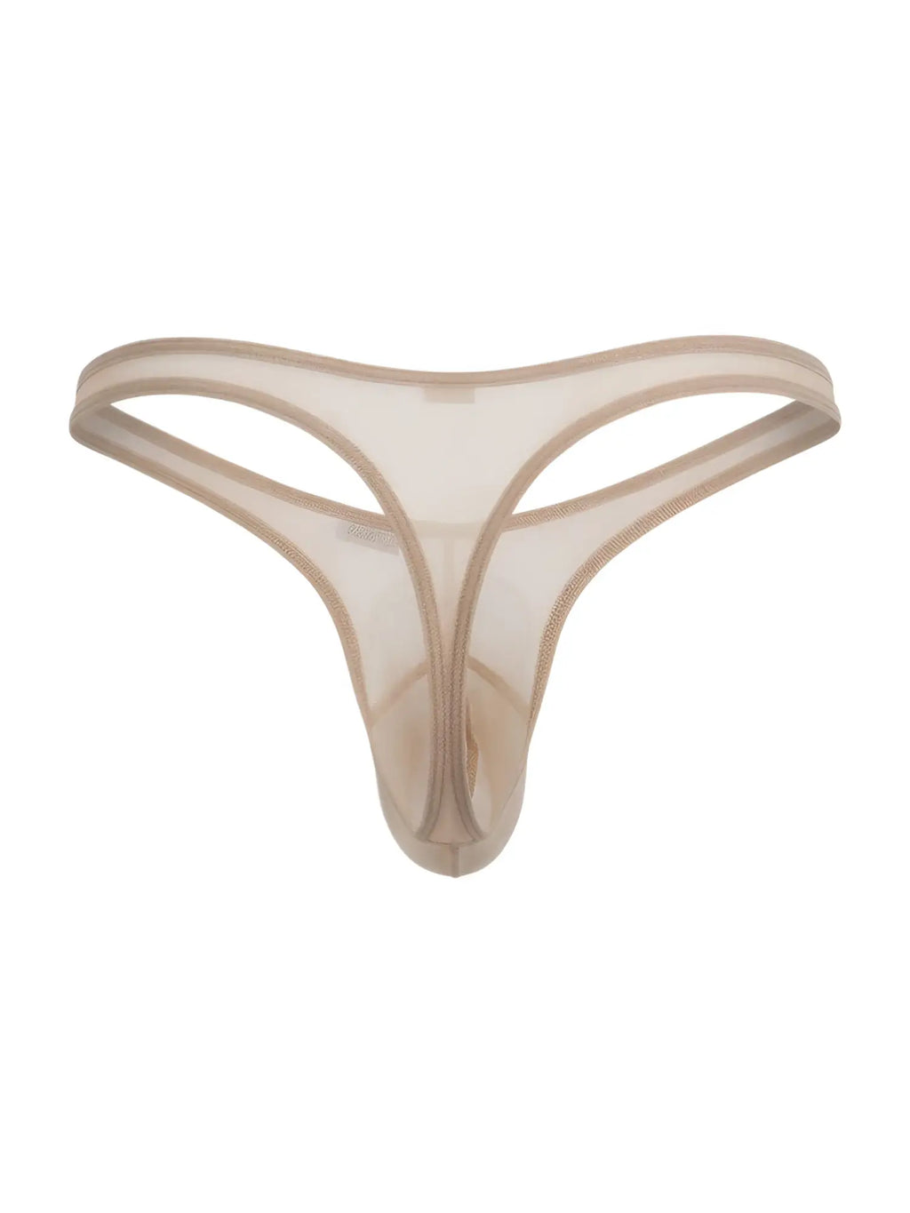 CandyMan beige mesh G-string thong with sheer fabric and matching elastic trim, centered on a plain white background.