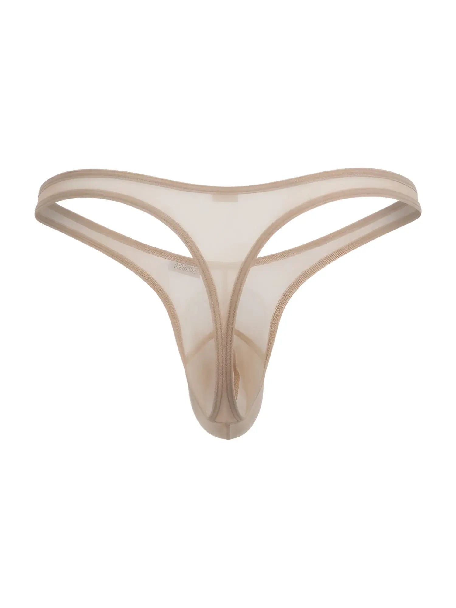 CandyMan beige mesh G-string thong with sheer fabric and matching elastic trim, centered on a plain white background.