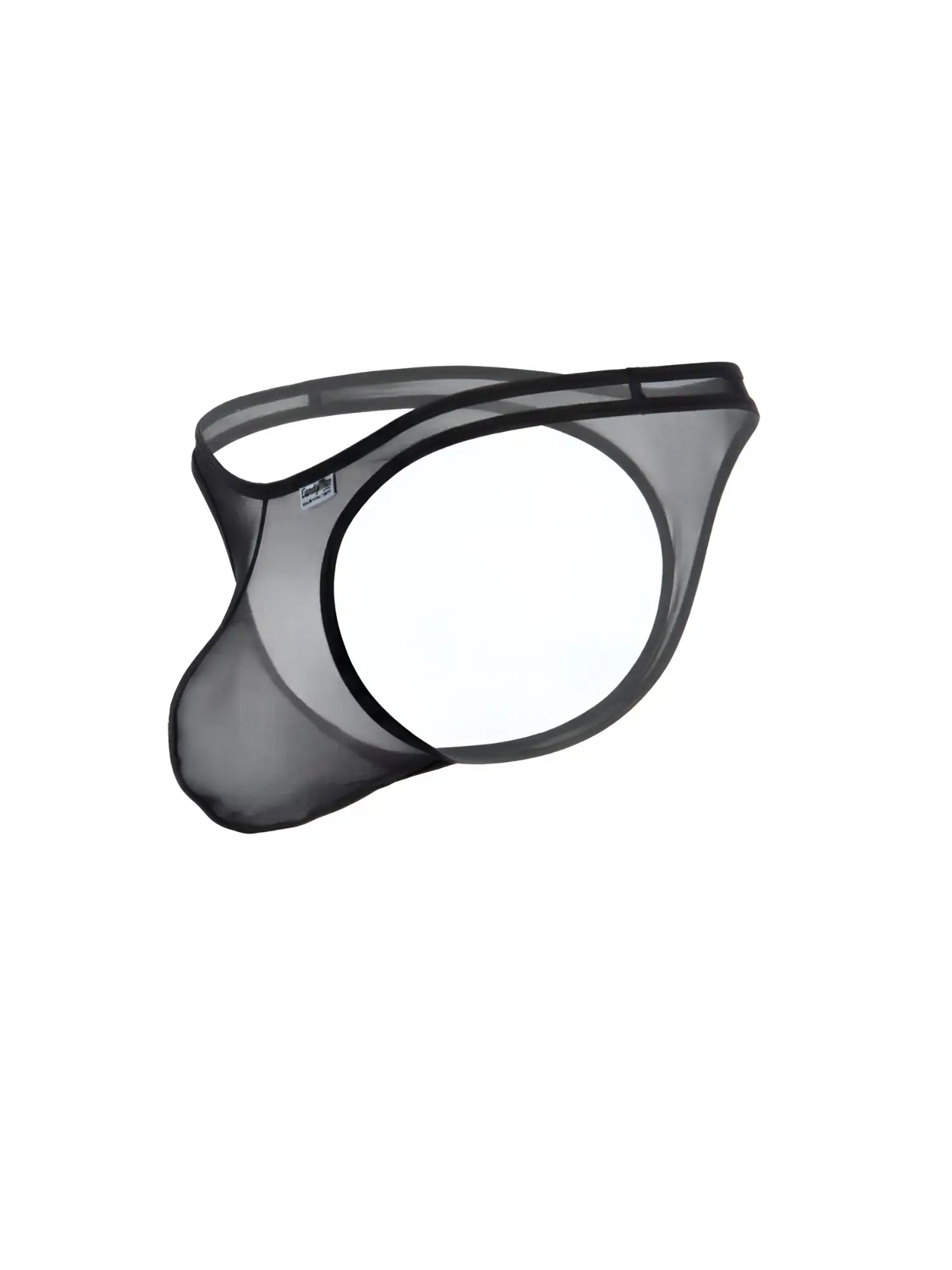 CandyMan black sheer mesh thong with a contoured pouch and minimalist strap design against a white background.