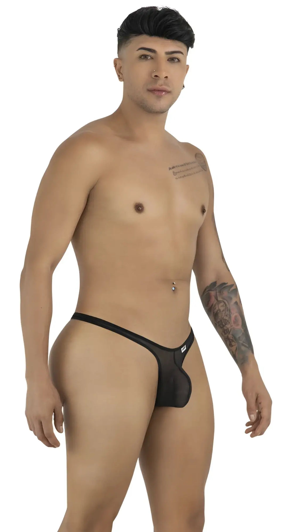 CandyMan black mesh G-string thong with a thin waistband and contoured pouch, modeled on a fit man.