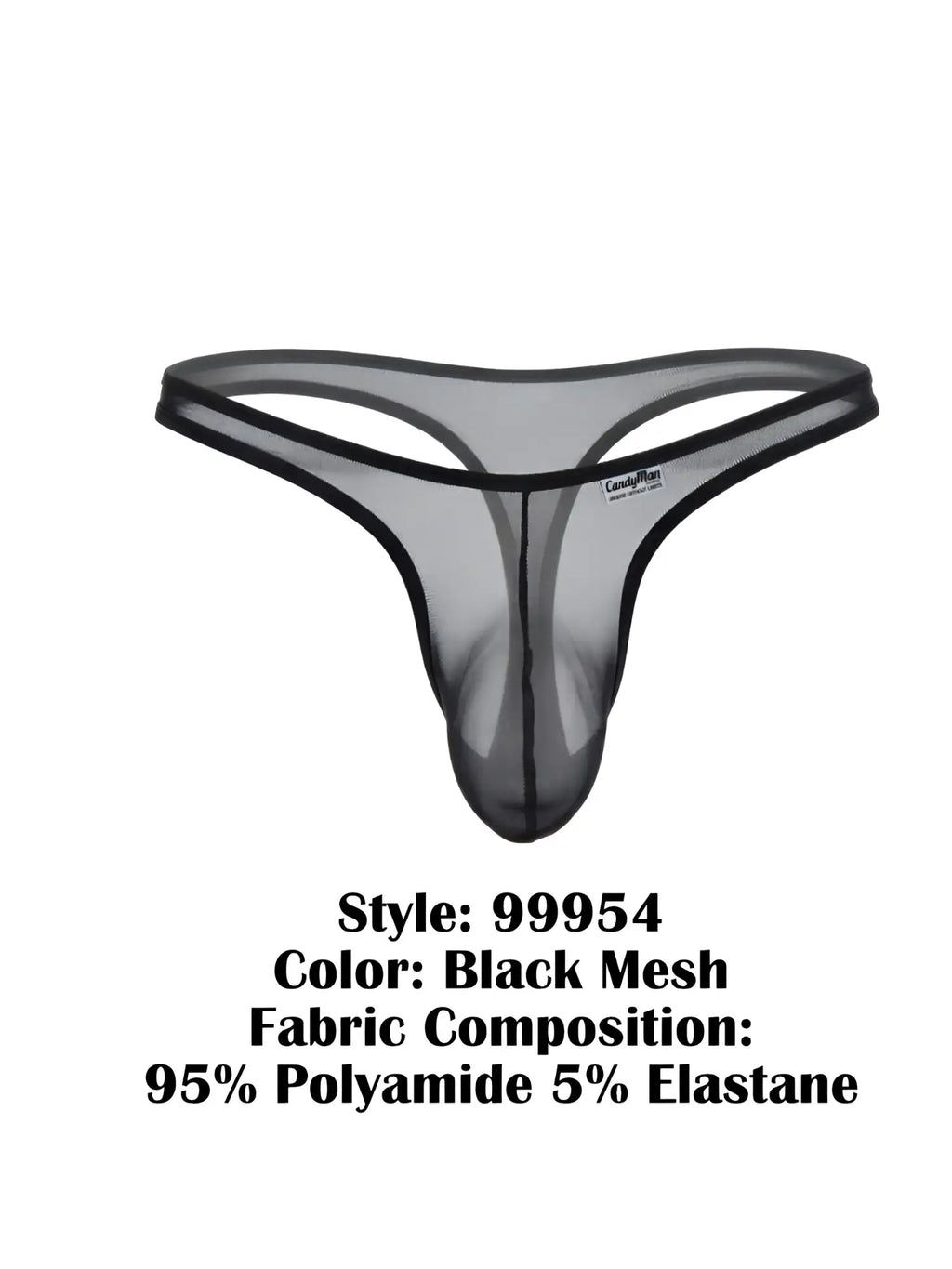 CandyMan black mesh thong with a contoured pouch, minimalist elastic waistband, and small brand logo tag.