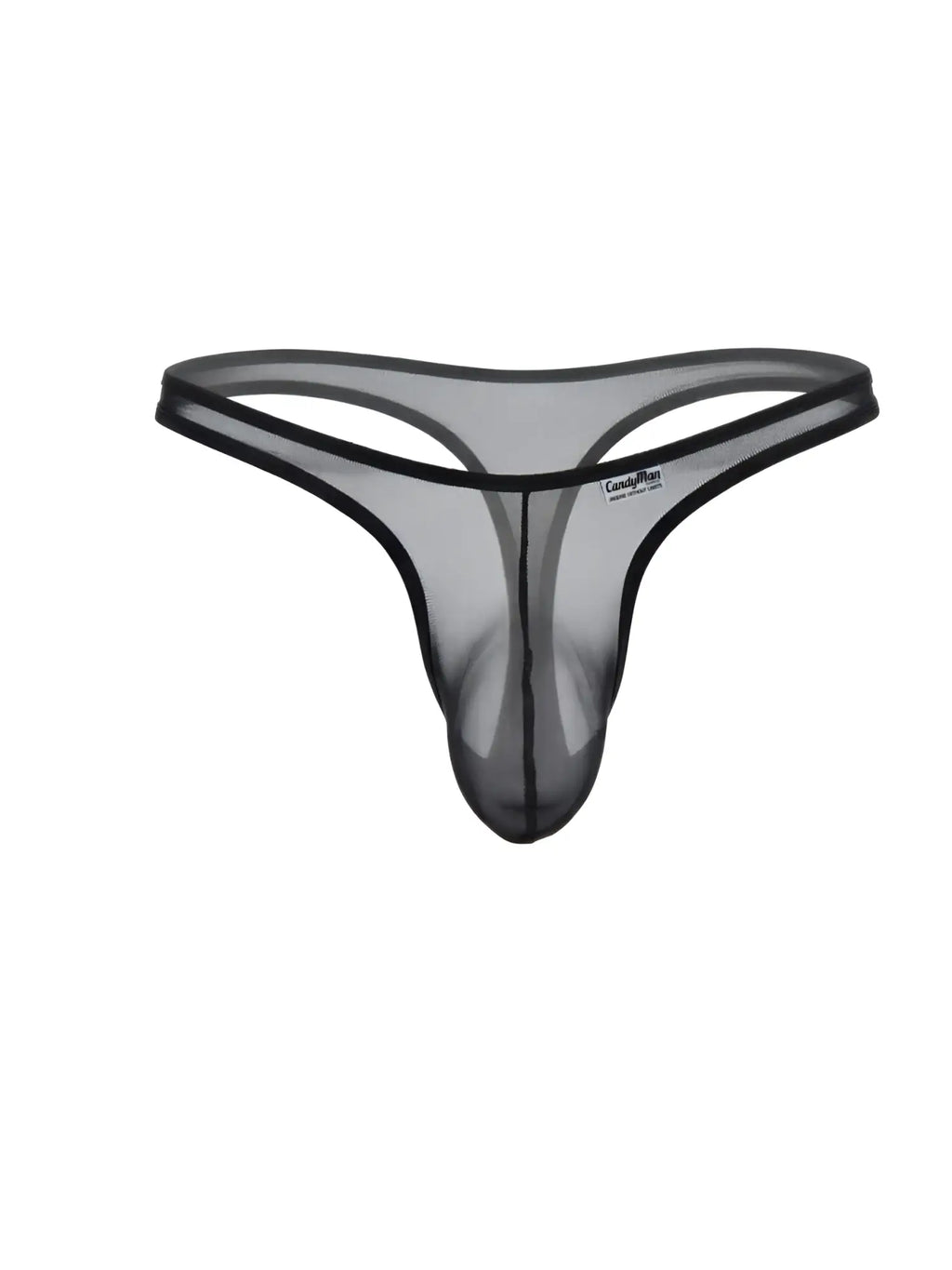 CandyMan black sheer mesh thong with a minimalist design and a small branded label on the waistband.