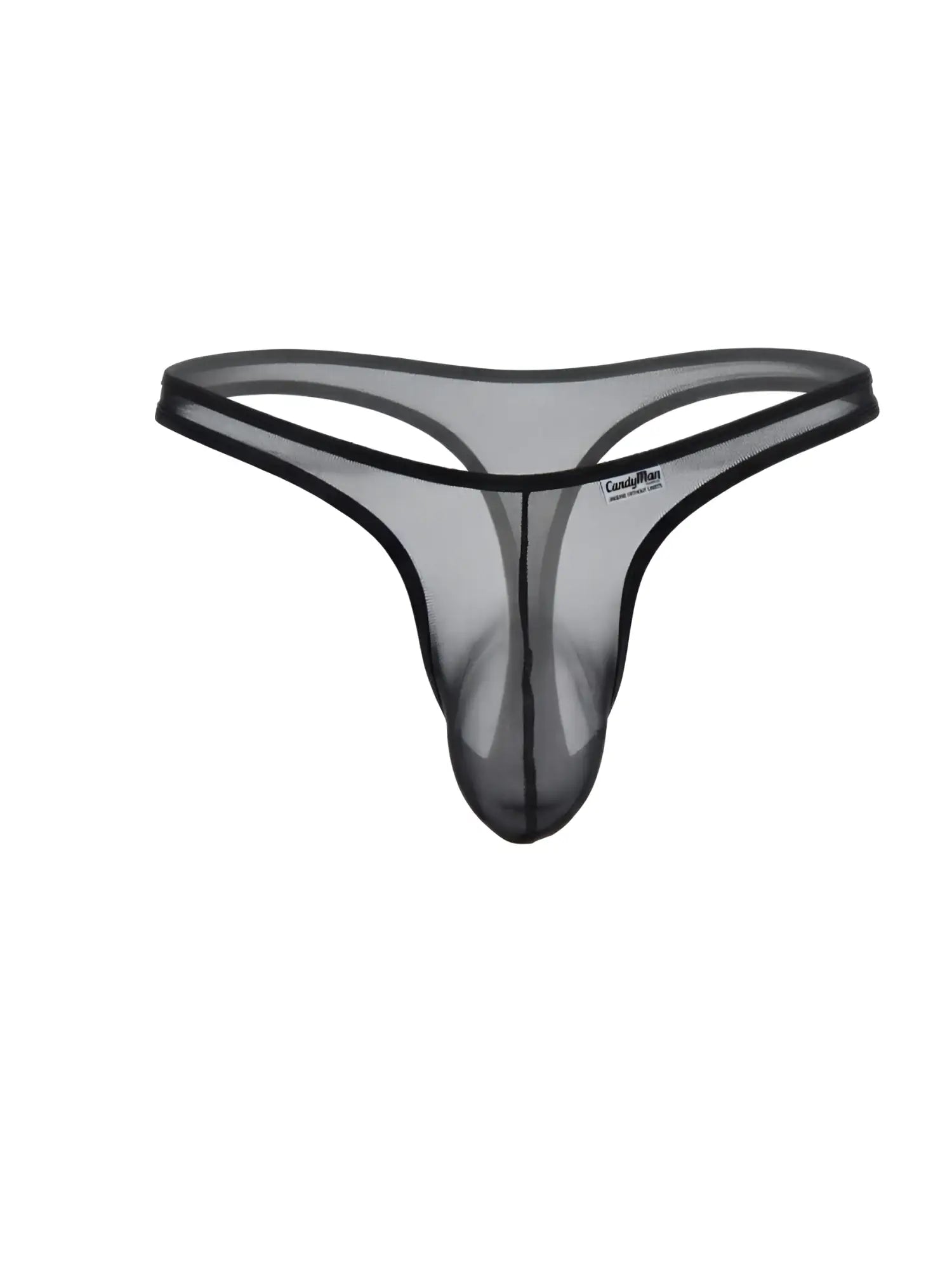 CandyMan black sheer mesh thong with a minimalist design and a small branded label on the waistband.