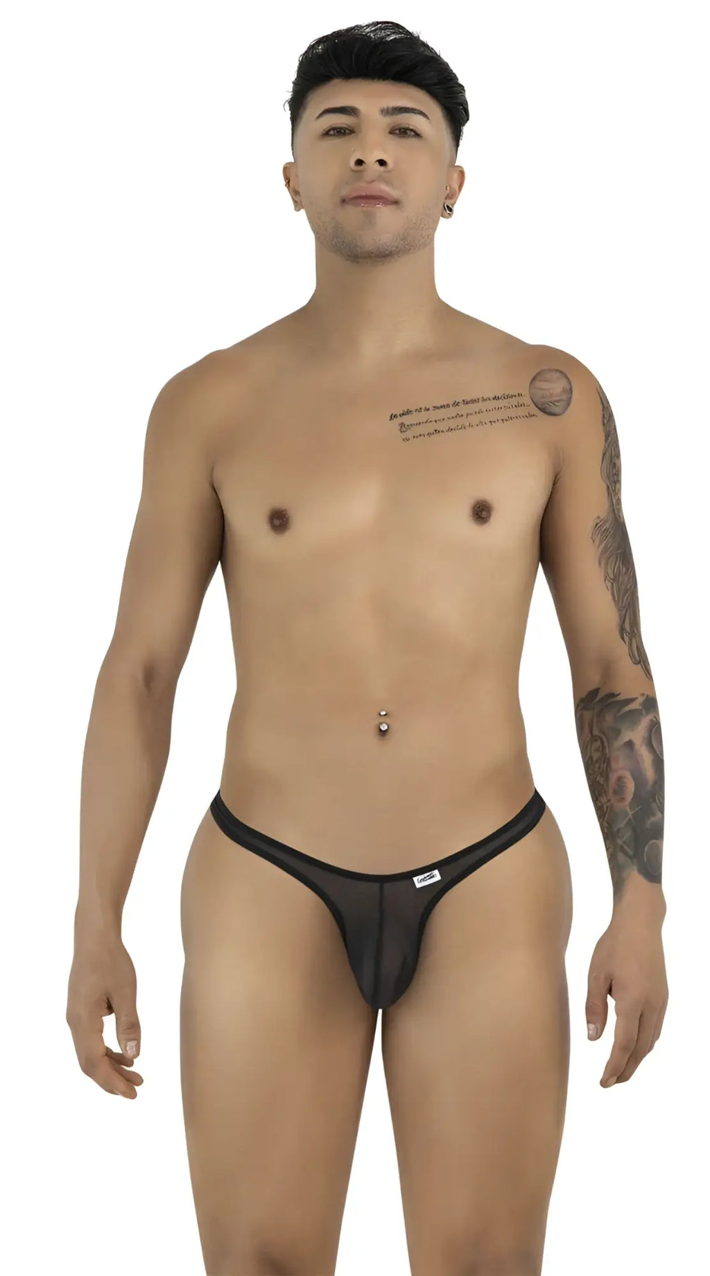 CandyMan black mesh thong with thin waistband and small logo label, worn by a man against a white background.