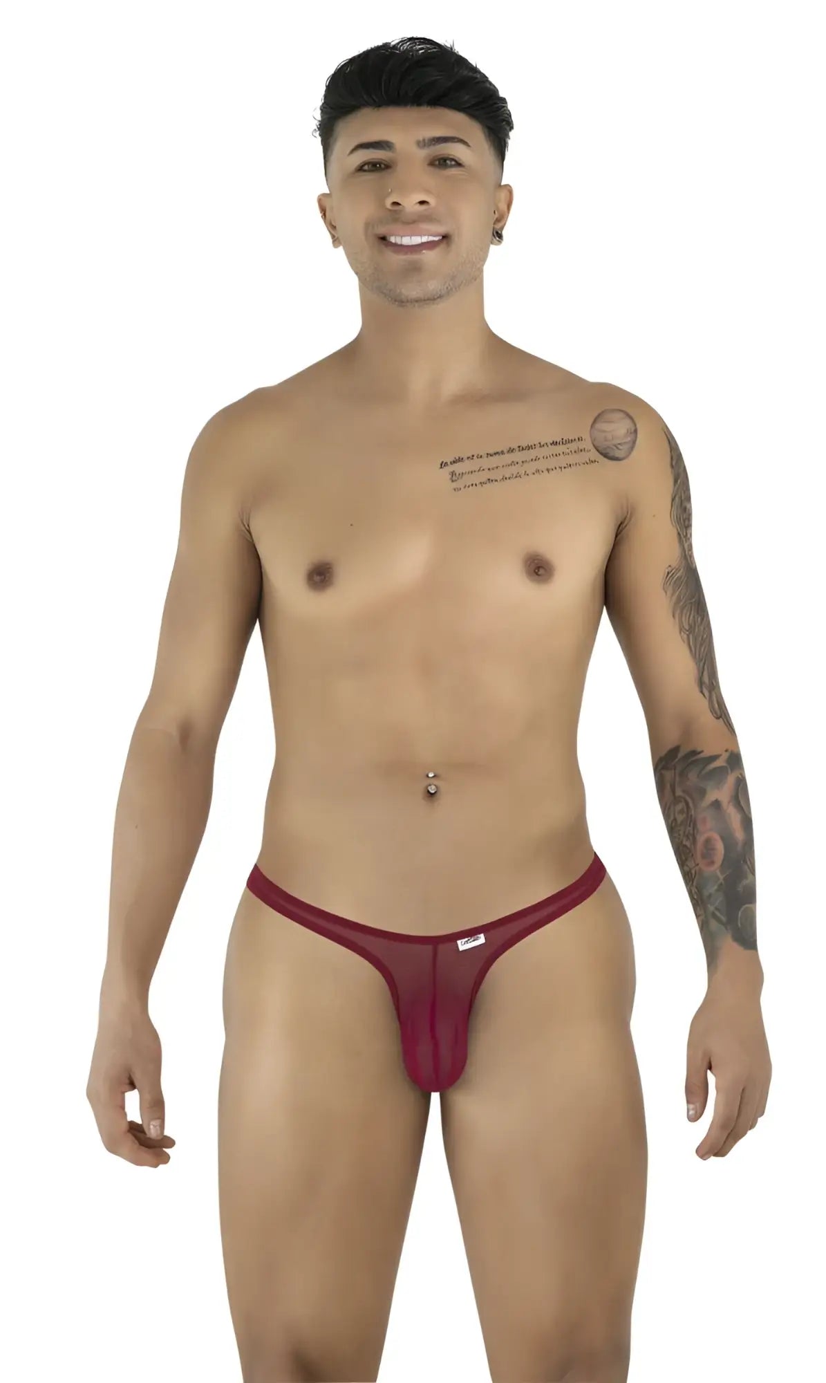 CandyMan burgundy mesh G-string thong with thin waistband and center pouch on a male model.