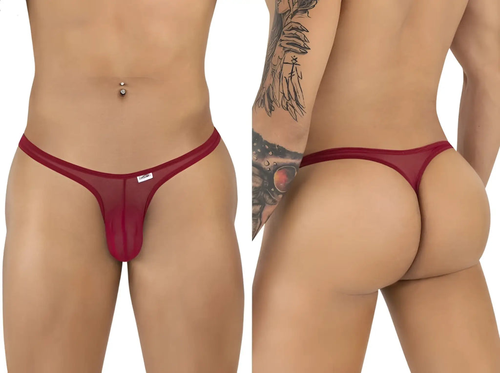 Burgundy mesh thong featuring a thin waistband and minimalist design, shown from front and back views on a male model.