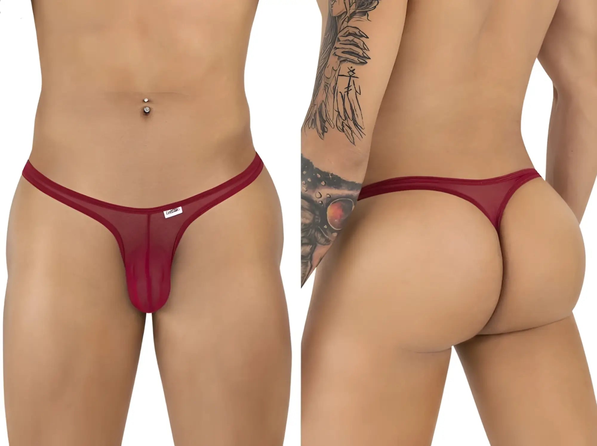 Burgundy mesh thong featuring a thin waistband and minimalist design, shown from front and back views on a male model.