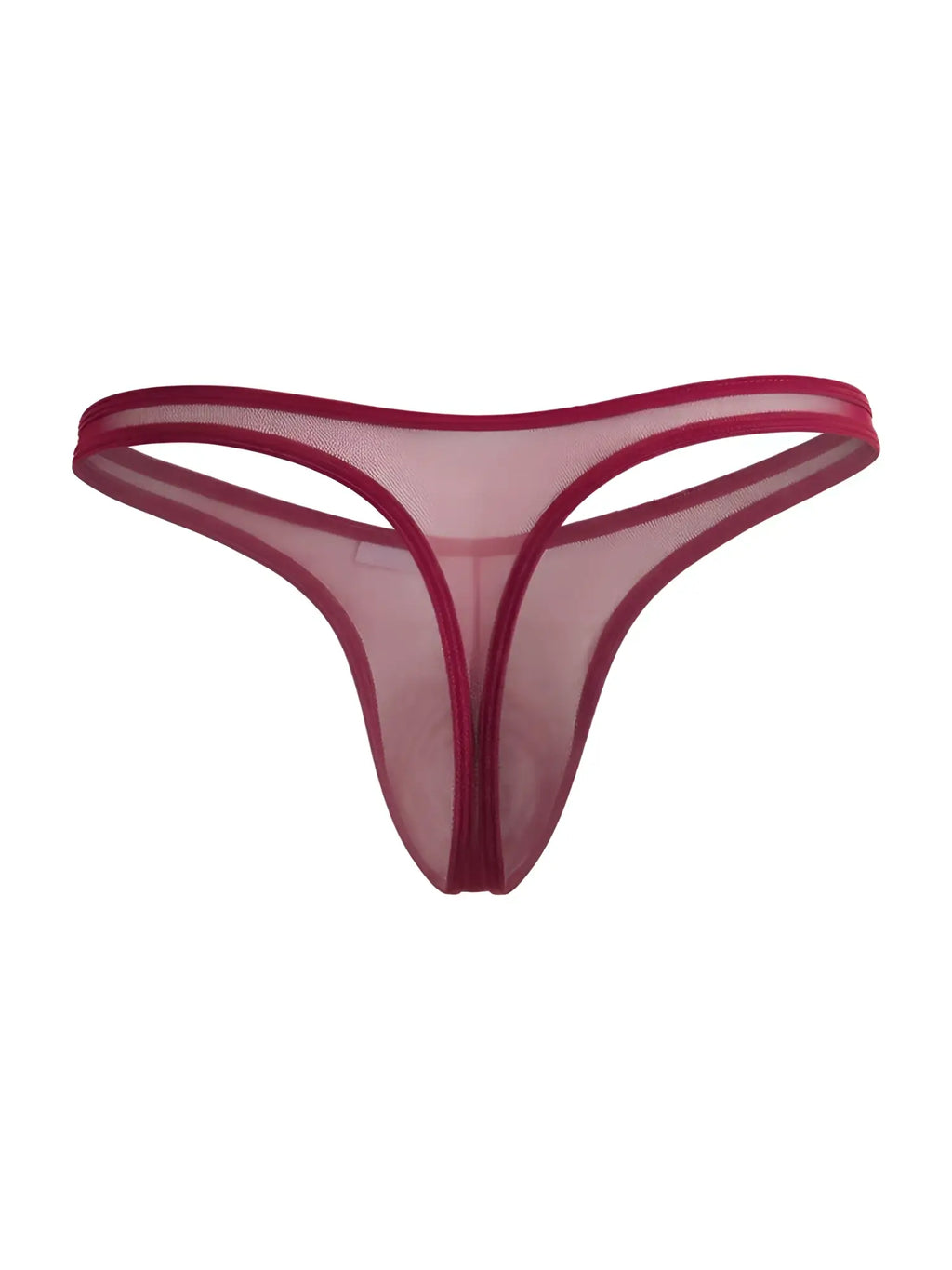 CandyMan burgundy mesh thong with a thin elastic waistband and center-seam pouch design.
