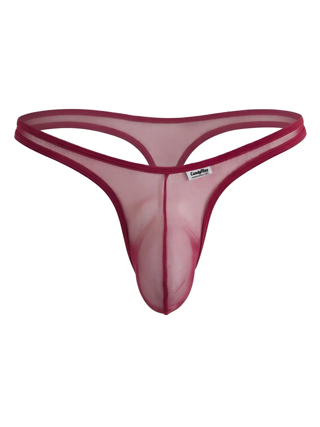 CandyMan burgundy mesh thong with a contoured pouch and thin elastic waistband.