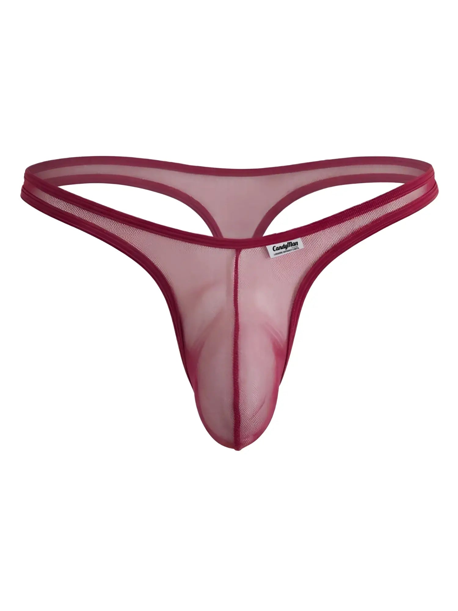 CandyMan burgundy mesh thong with a contoured pouch and thin elastic waistband.