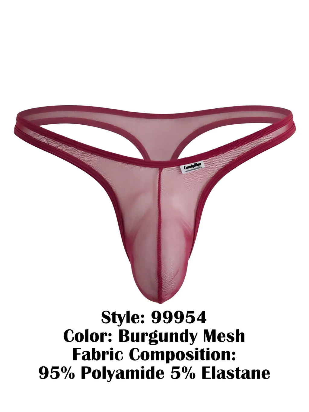CandyMan burgundy mesh thong with a contoured front pouch and minimal waistband, isolated on a white background.