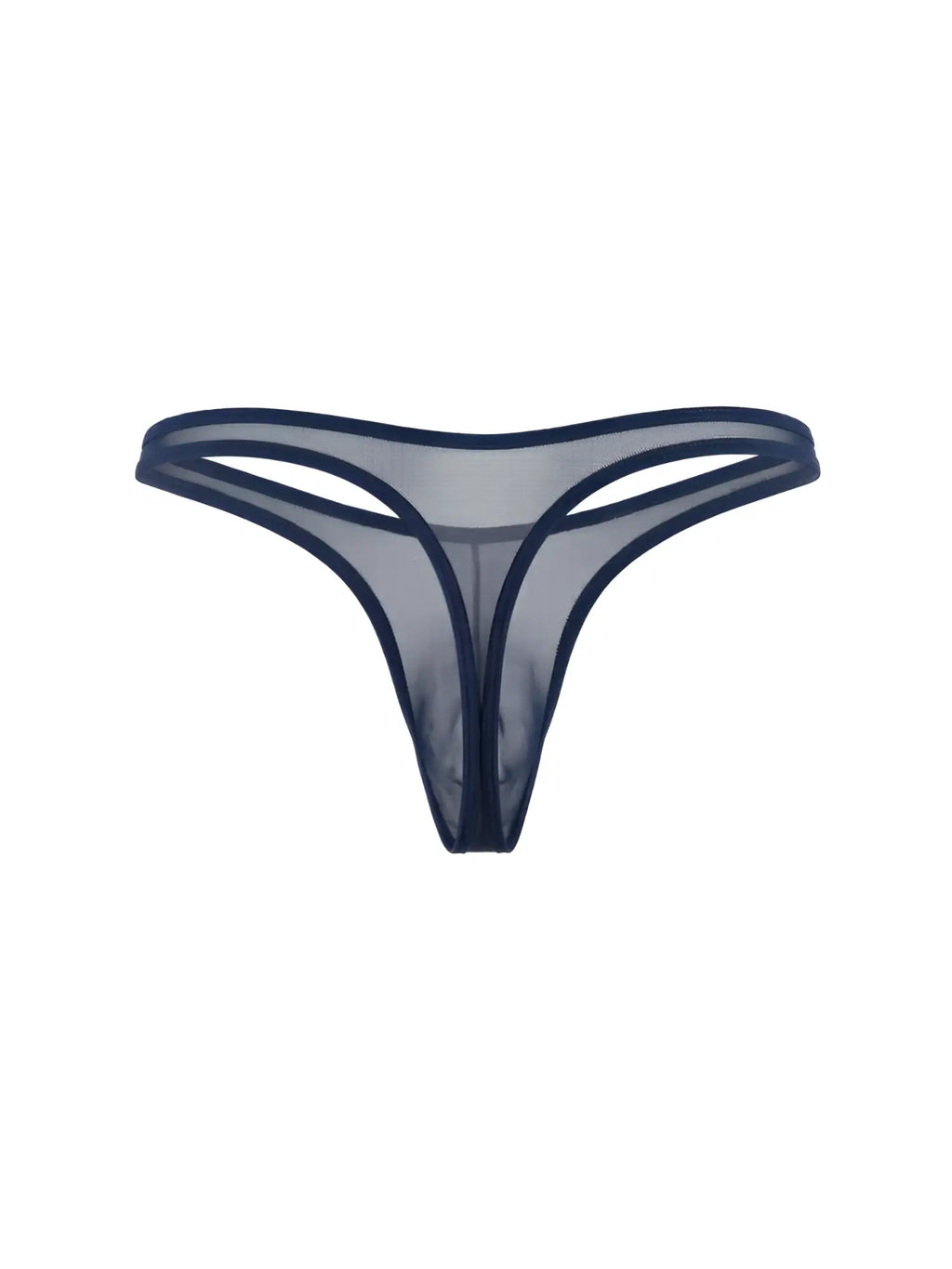 CandyMan navy blue mesh g-string thong with thin, minimal waistband and sheer, see-through fabric.