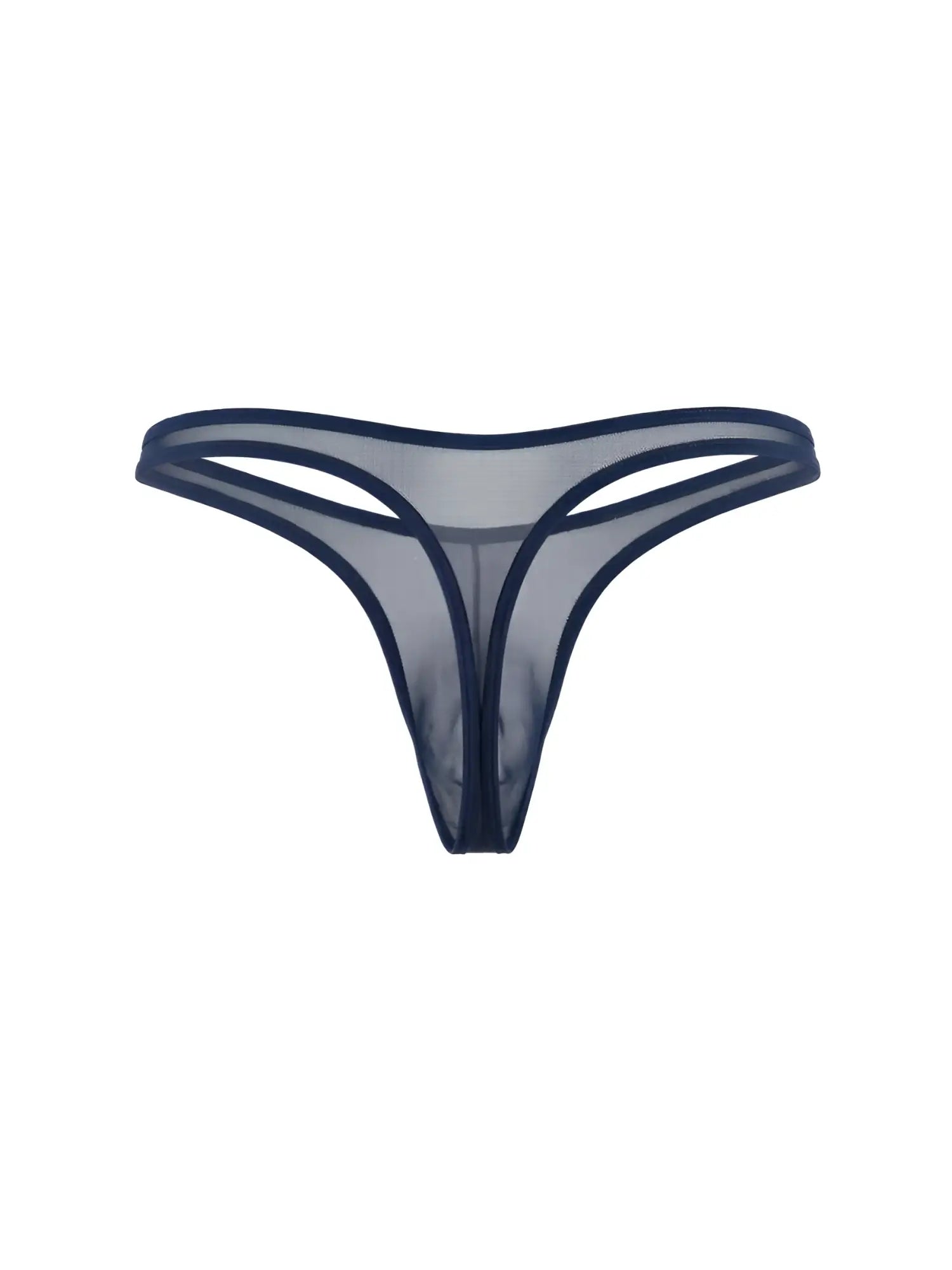 CandyMan navy blue mesh g-string thong with thin, minimal waistband and sheer, see-through fabric.