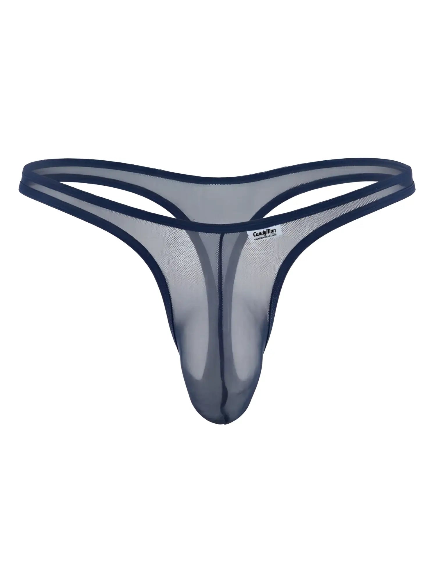 CandyMan navy blue sheer mesh thong with a minimalist strap design and center pouch seam featuring a small logo tag.