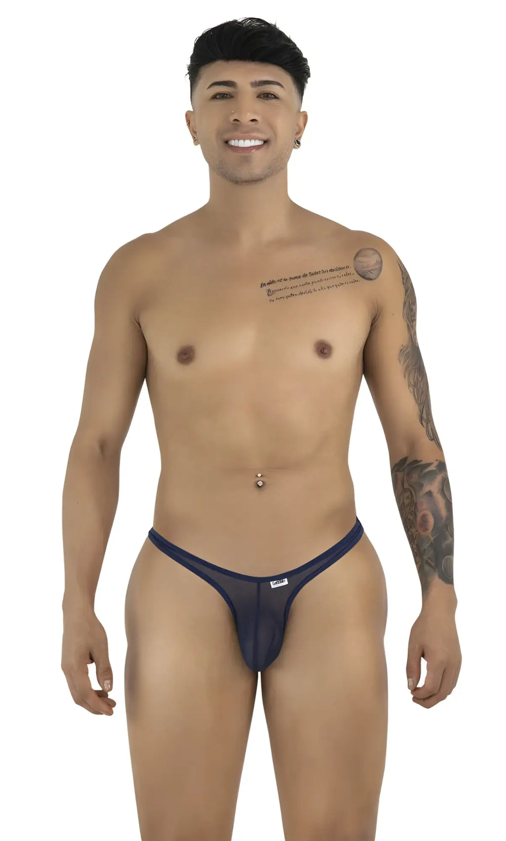 CandyMan navy mesh thong featuring a minimalist design, slim side straps, and a small branded logo tag.
