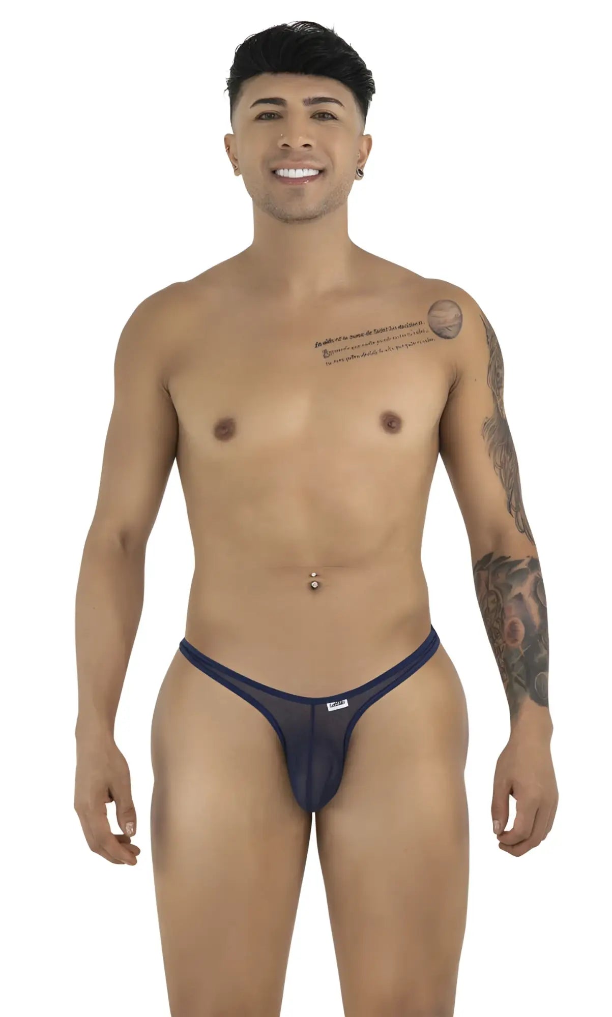 CandyMan navy mesh thong featuring a minimalist design, slim side straps, and a small branded logo tag.