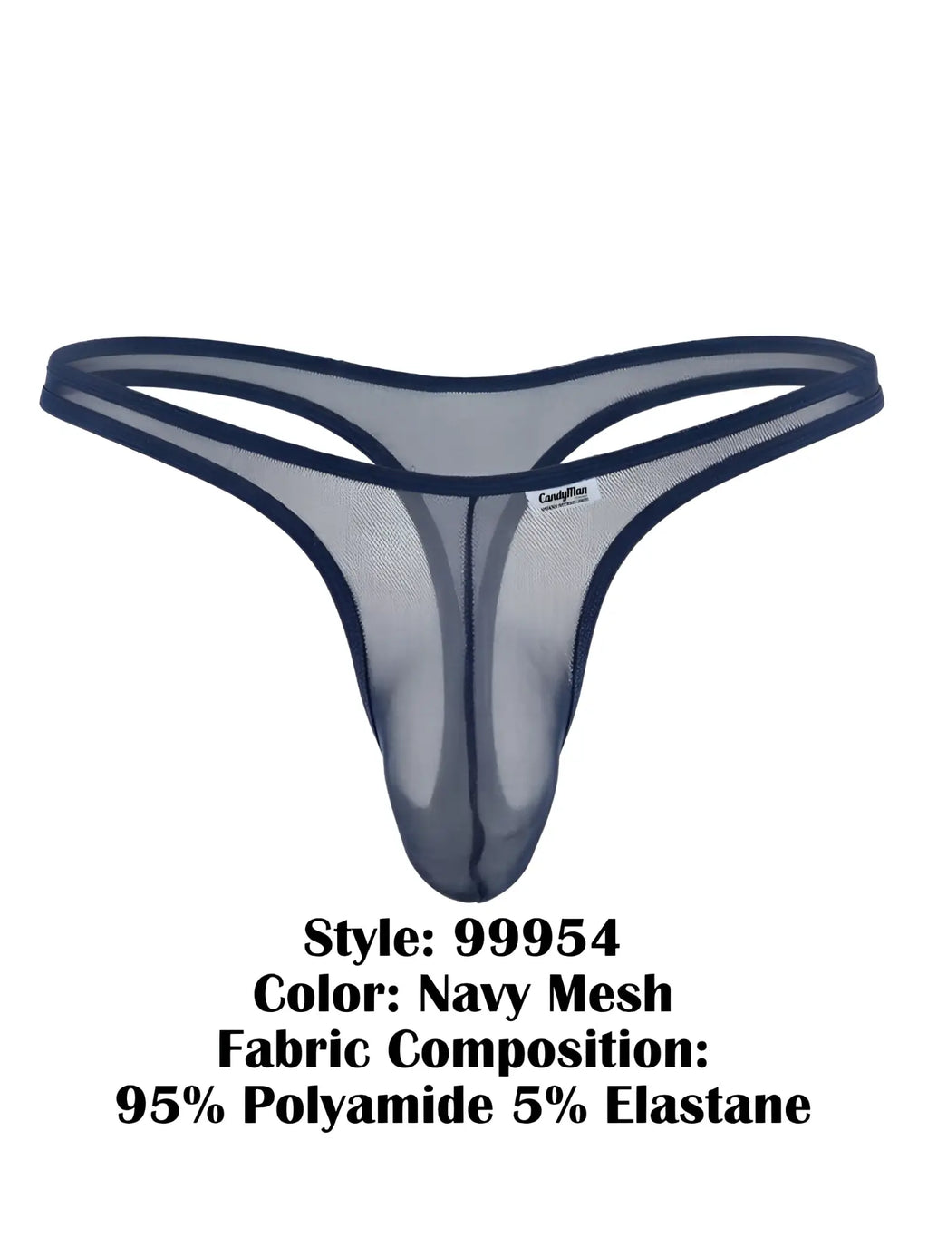 CandyMan 99954 navy blue sheer mesh thong with a minimalist strap design and branded tag on the front pouch.