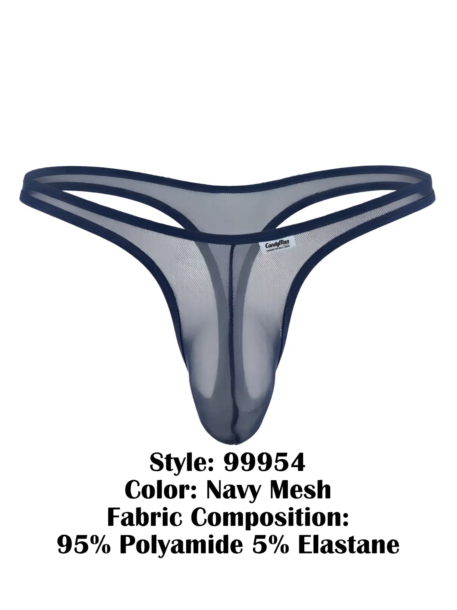 CandyMan 99954 navy blue sheer mesh thong with a minimalist strap design and branded tag on the front pouch.