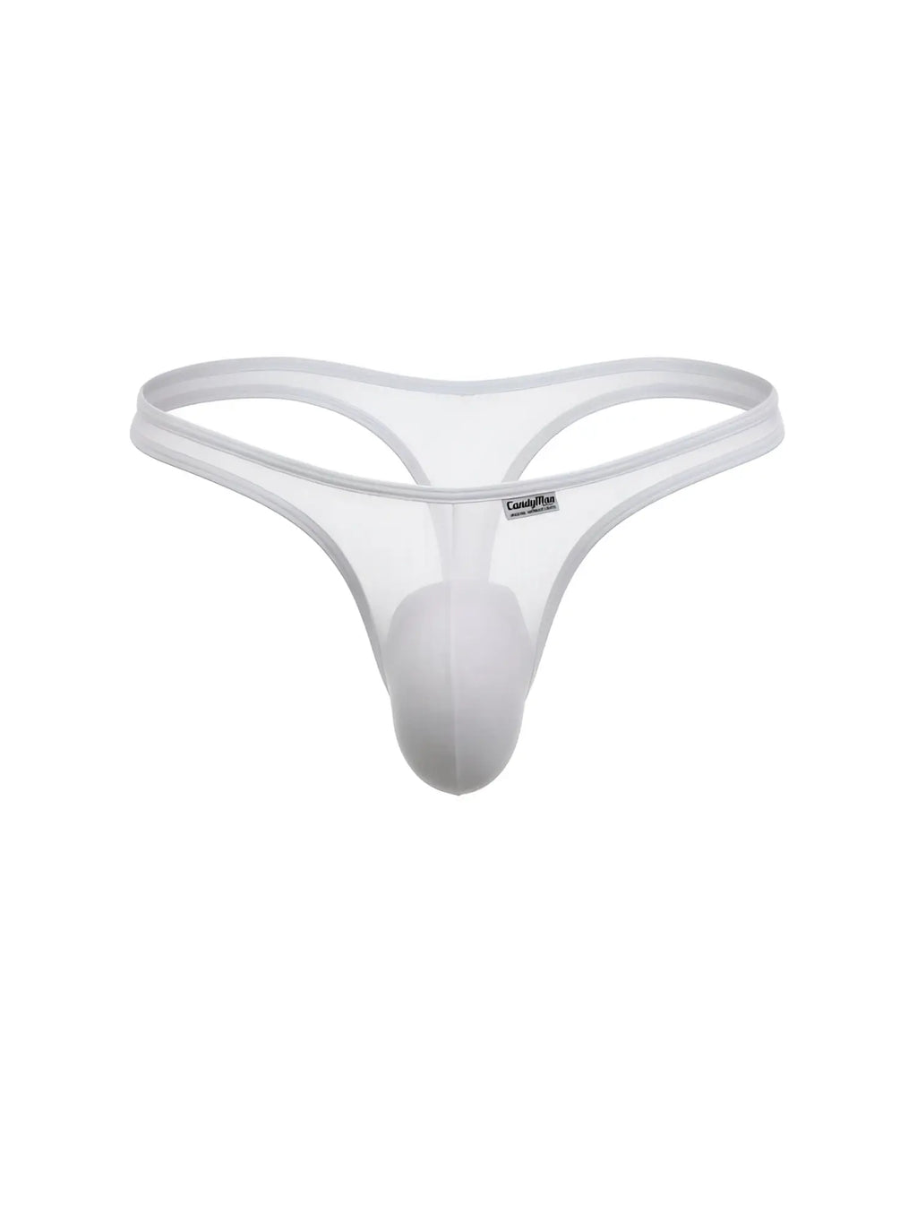 CandyMan white mesh thong featuring a contoured pouch and slim elastic waistband with a small brand tag.