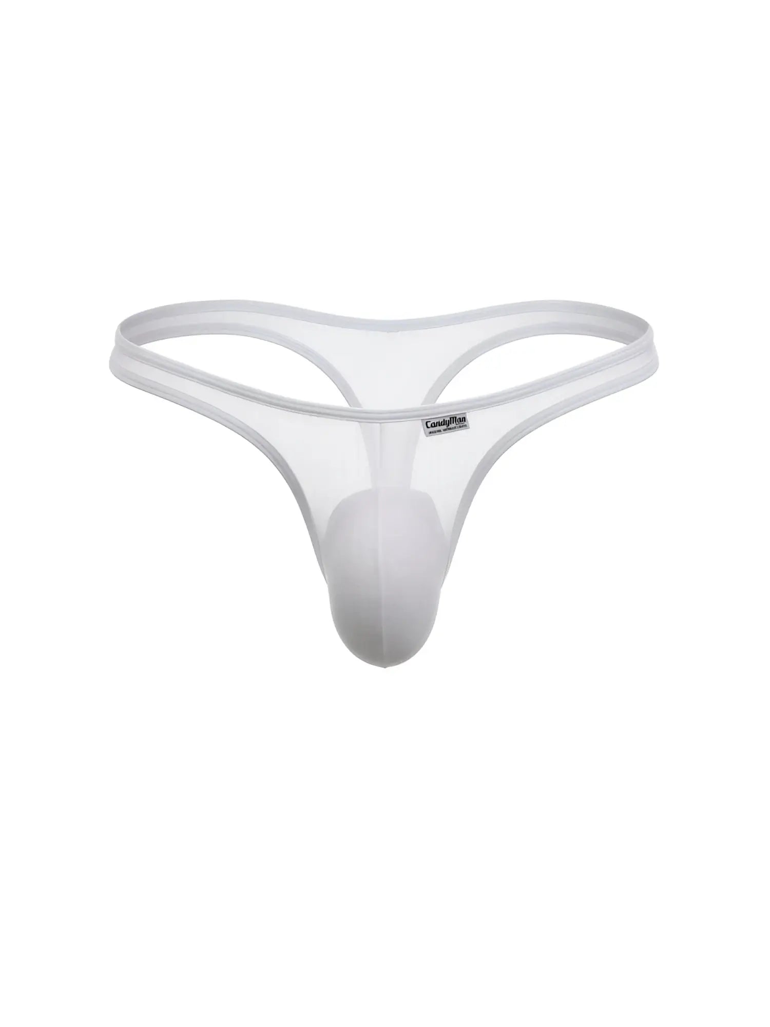 CandyMan white mesh thong with a contoured pouch and narrow waistband, featuring a small branded tag on the front.