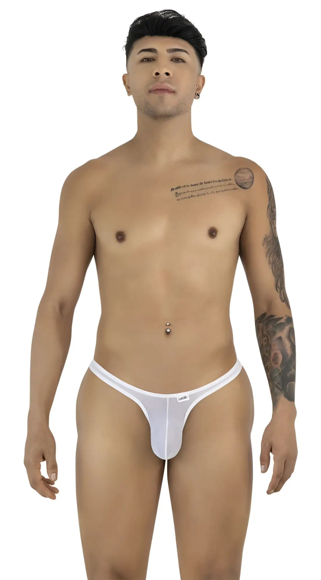 CandyMan white mesh thong featuring a minimalist design with a small brand tag on the front waistband.