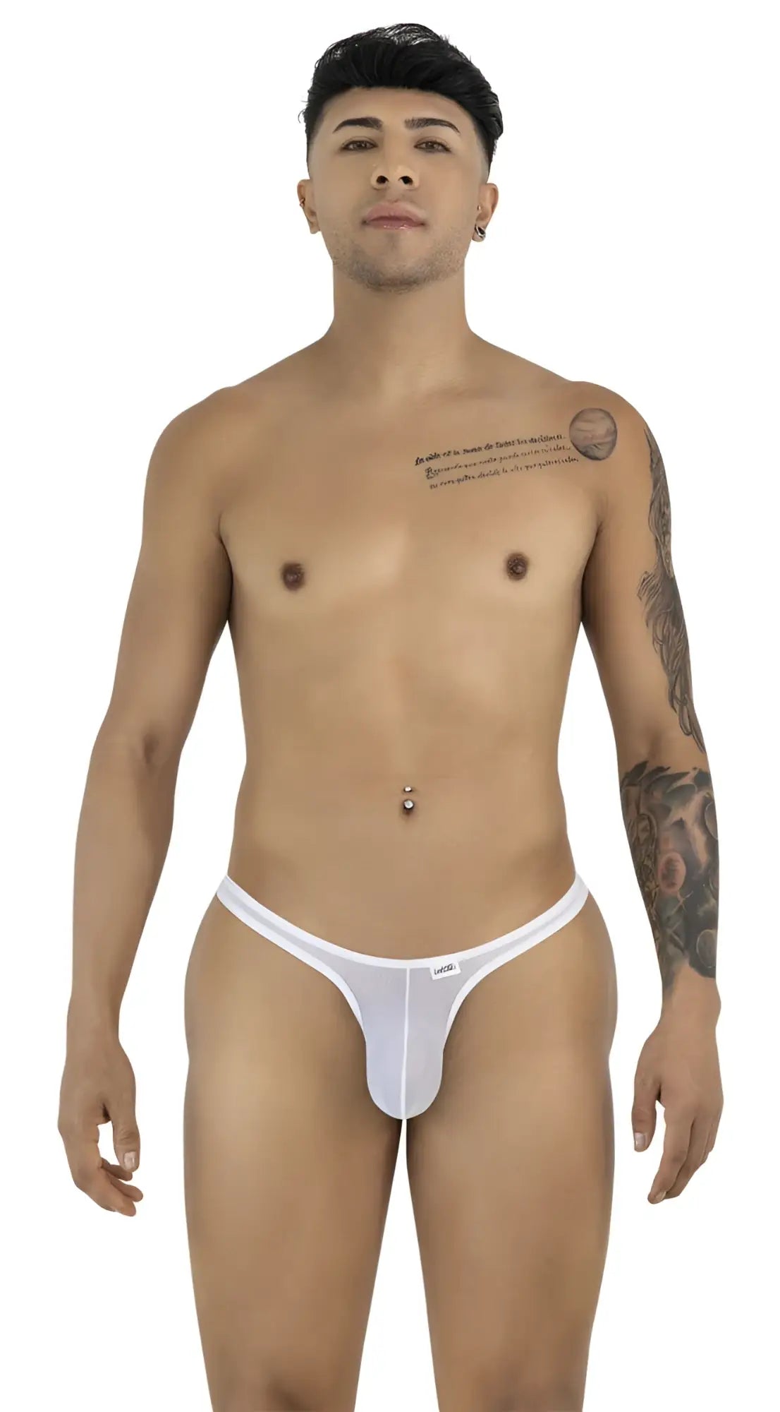 Man wearing a white sheer mesh thong by CandyMan, featuring a minimalist design and thin elastic waistband.