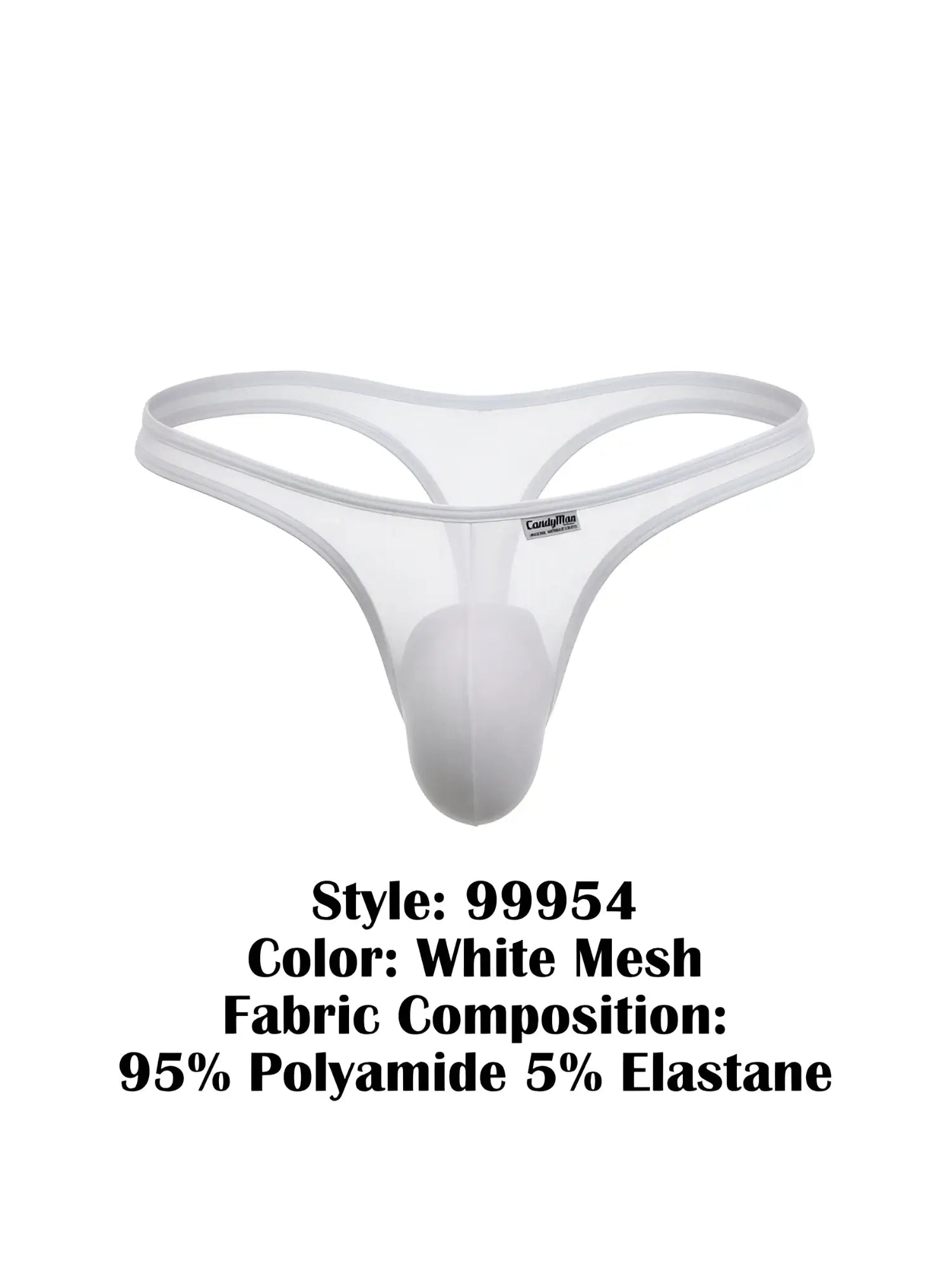 CandyMan 99954 white mesh thong with a contoured pouch and slim elastic waistband.