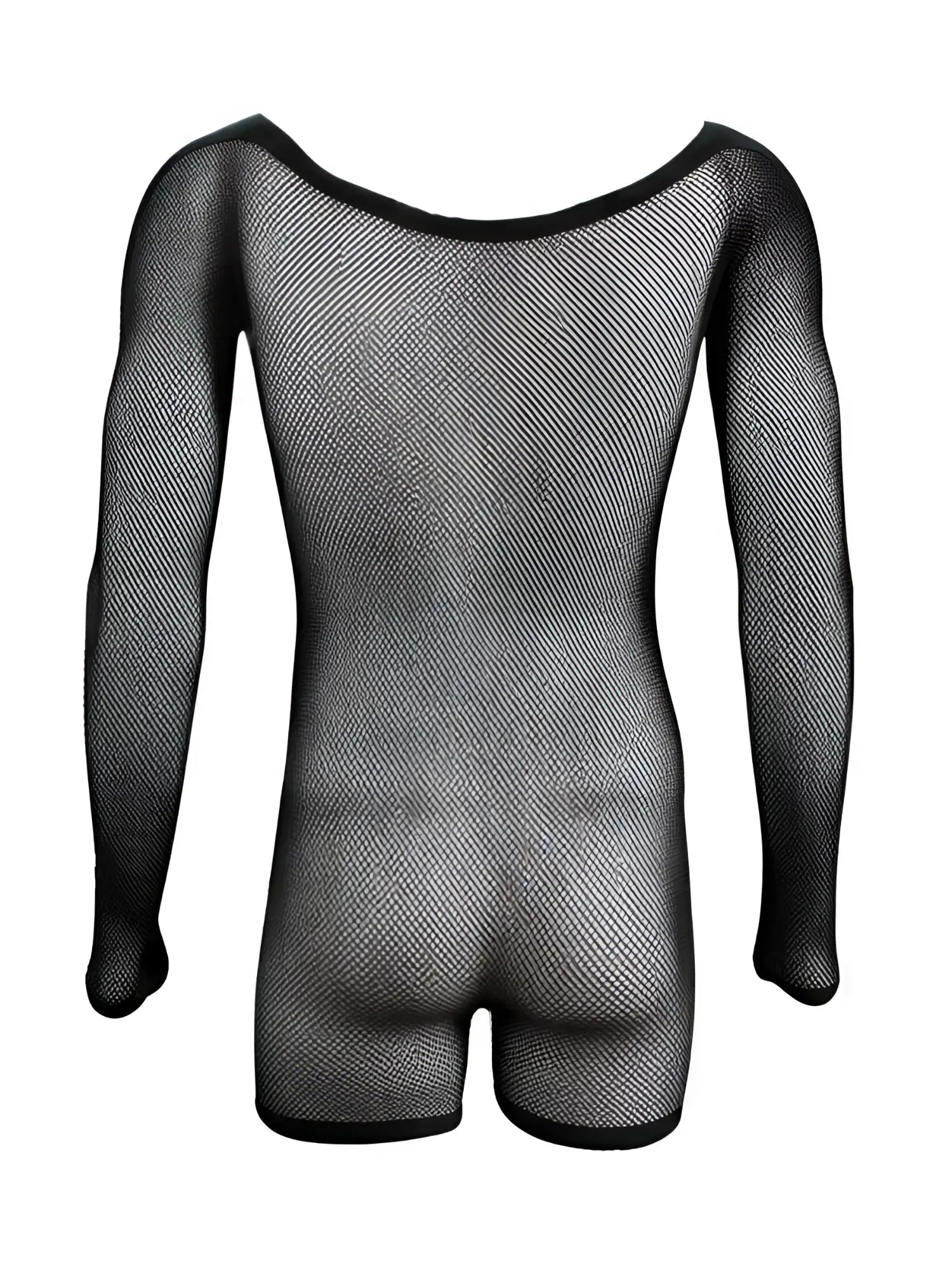 CandyMan black long-sleeve fishnet bodysuit with a scooped neckline and solid trim at the neck and leg openings.
