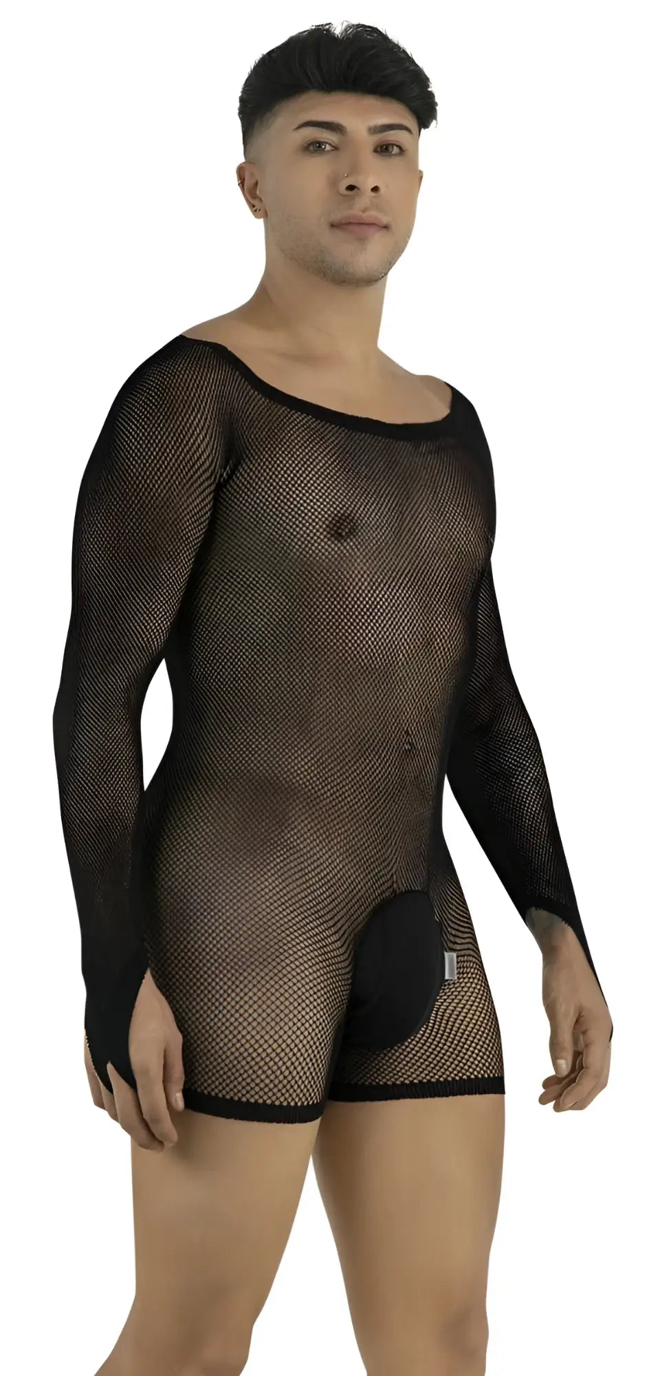 CandyMan black mesh long-sleeve bodysuit featuring a wide neckline and a solid opaque pouch.