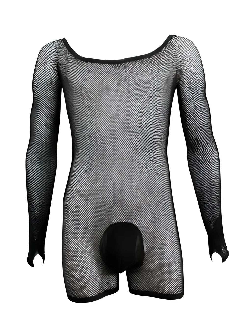 Black CandyMan long-sleeve fishnet bodysuit with an opaque crotch pouch, displayed on a mannequin torso.
