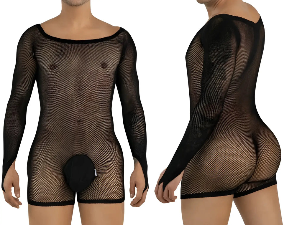 CandyMan black long-sleeve fishnet bodysuit with an opaque front pouch, shown from front and back views.
