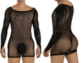 CandyMan black long-sleeve fishnet bodysuit with an opaque front pouch, shown from front and back views.