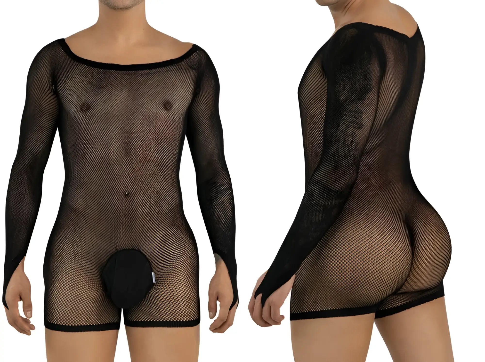 CandyMan black long-sleeve fishnet bodysuit with an opaque front pouch, shown from front and back views.