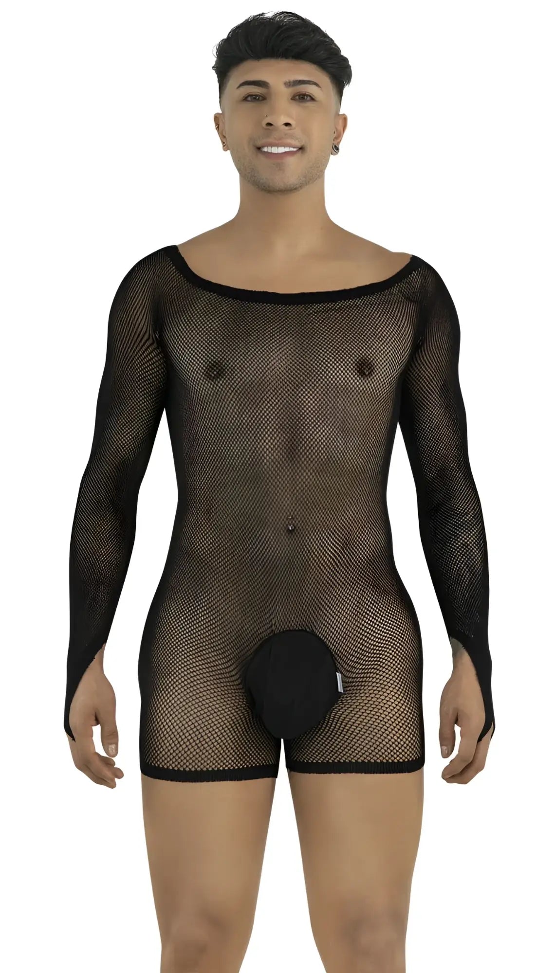 CandyMan black fishnet long-sleeve bodysuit with a scoop neck and solid fabric crotch pouch.