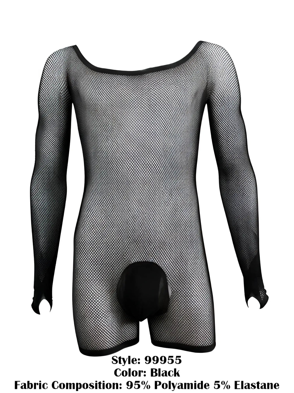 CandyMan black fishnet long-sleeve bodysuit with a solid opaque pouch and trim detail.