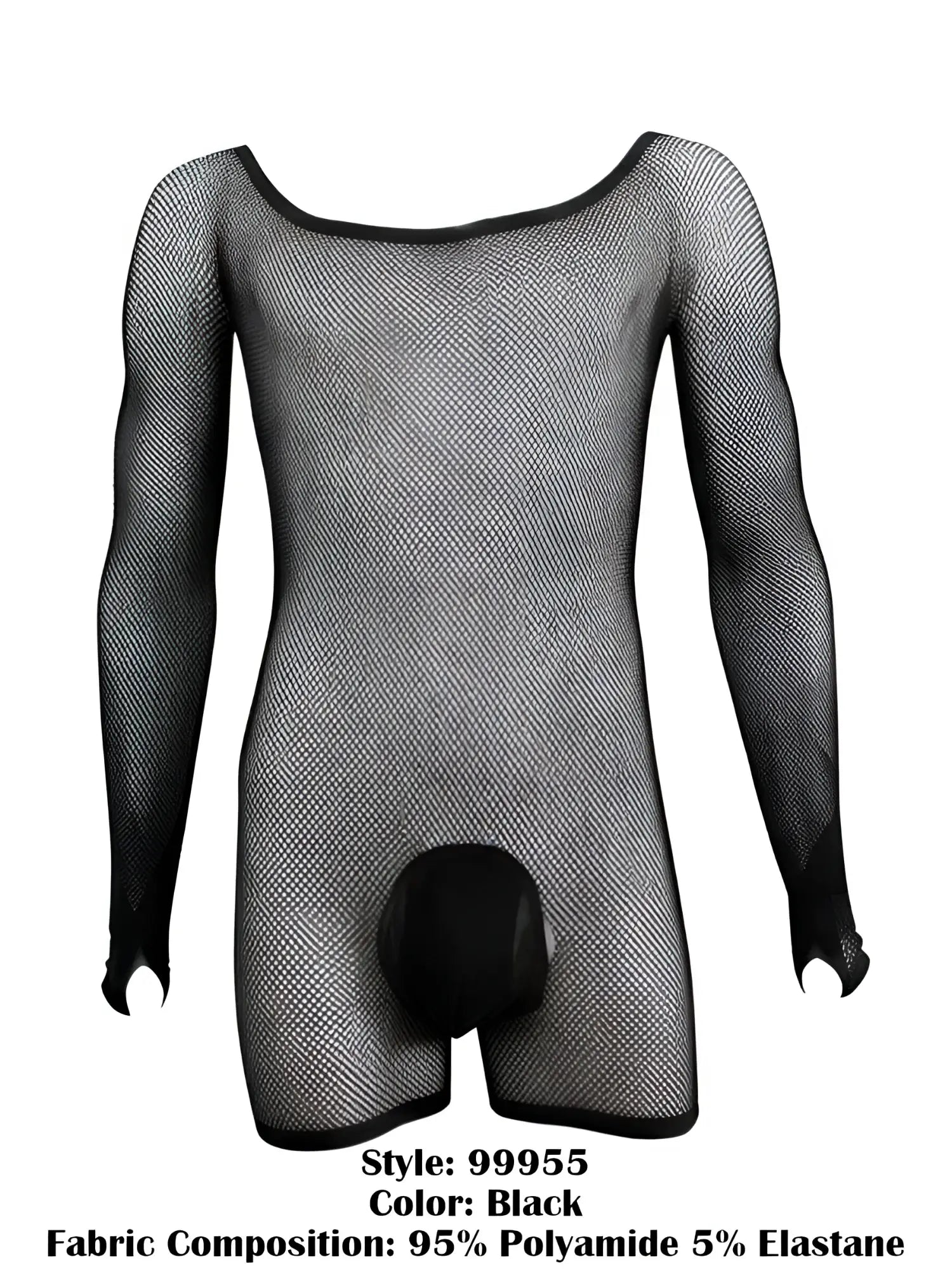 CandyMan black fishnet long-sleeve bodysuit with a solid opaque pouch and trim detail.