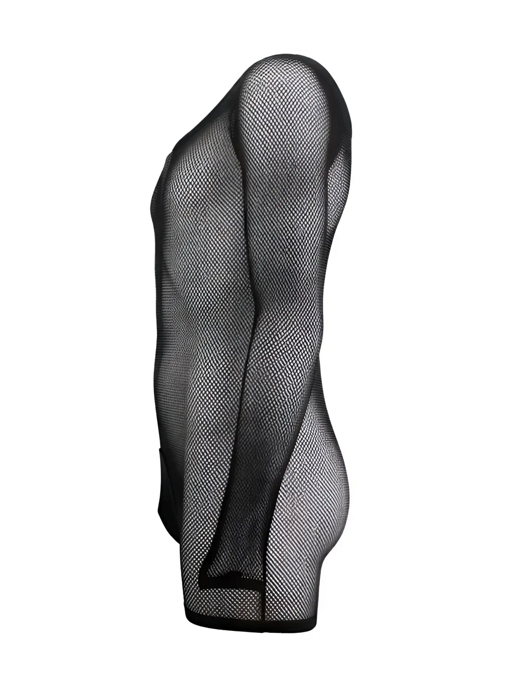 CandyMan black mesh long-sleeve bodysuit for men, featuring a form-fitting, transparent net fabric design.