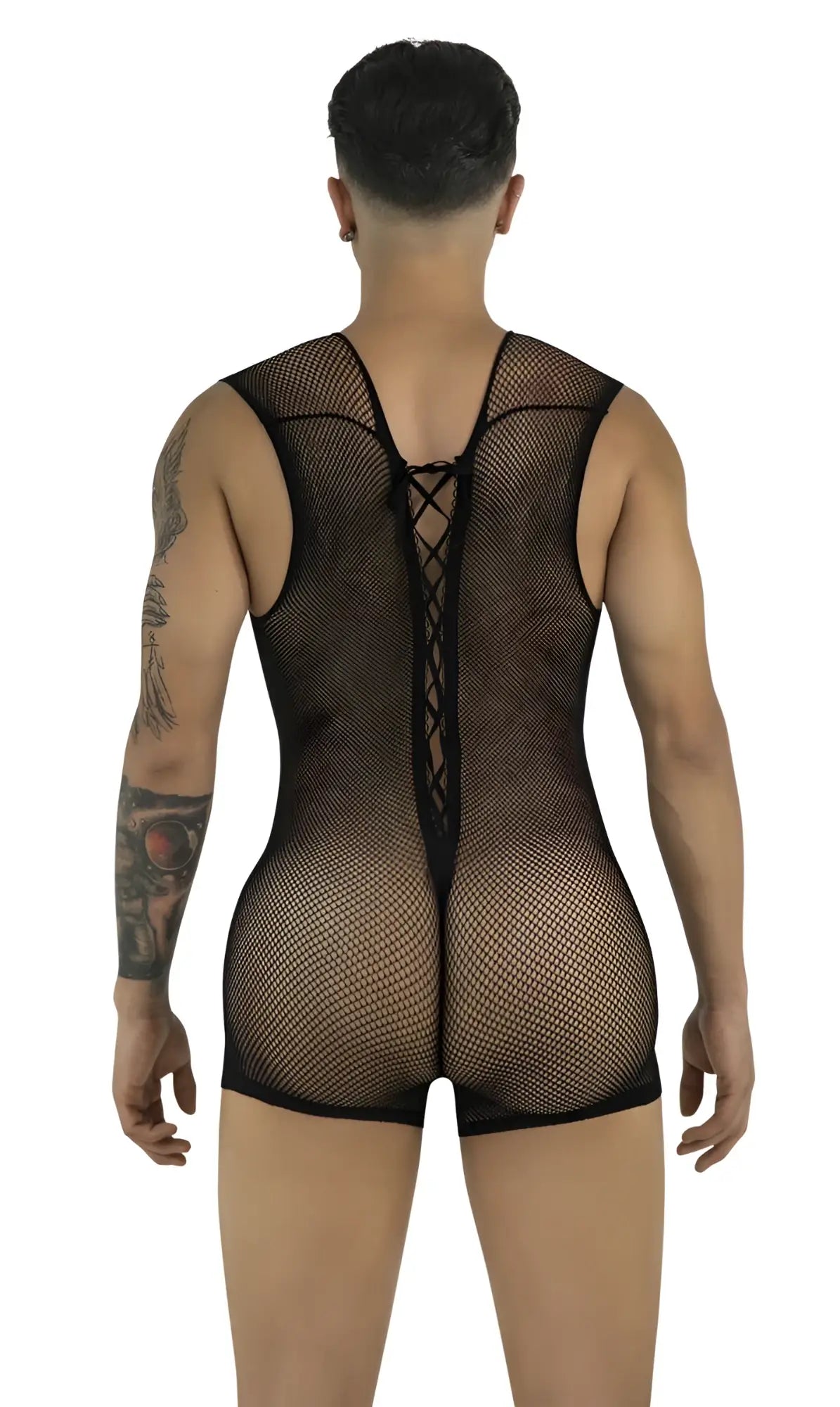 CandyMan black fishnet bodysuit with a lace-up back design, worn by a man from behind.