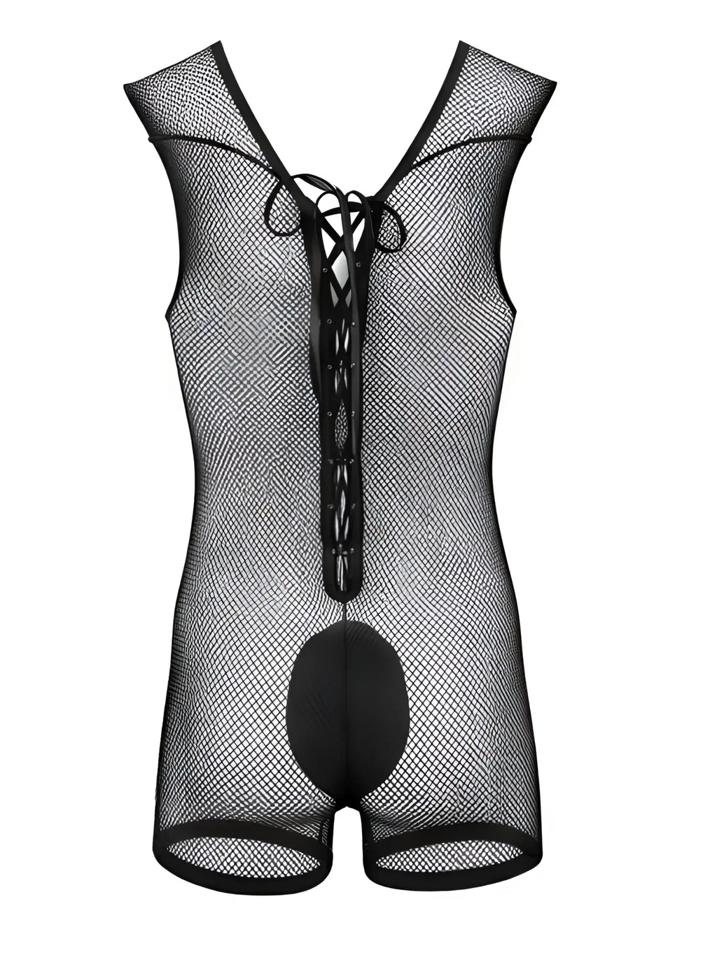 Black CandyMan fishnet bodysuit with sleeveless cut, back lace-up closure, and a solid opaque pouch.