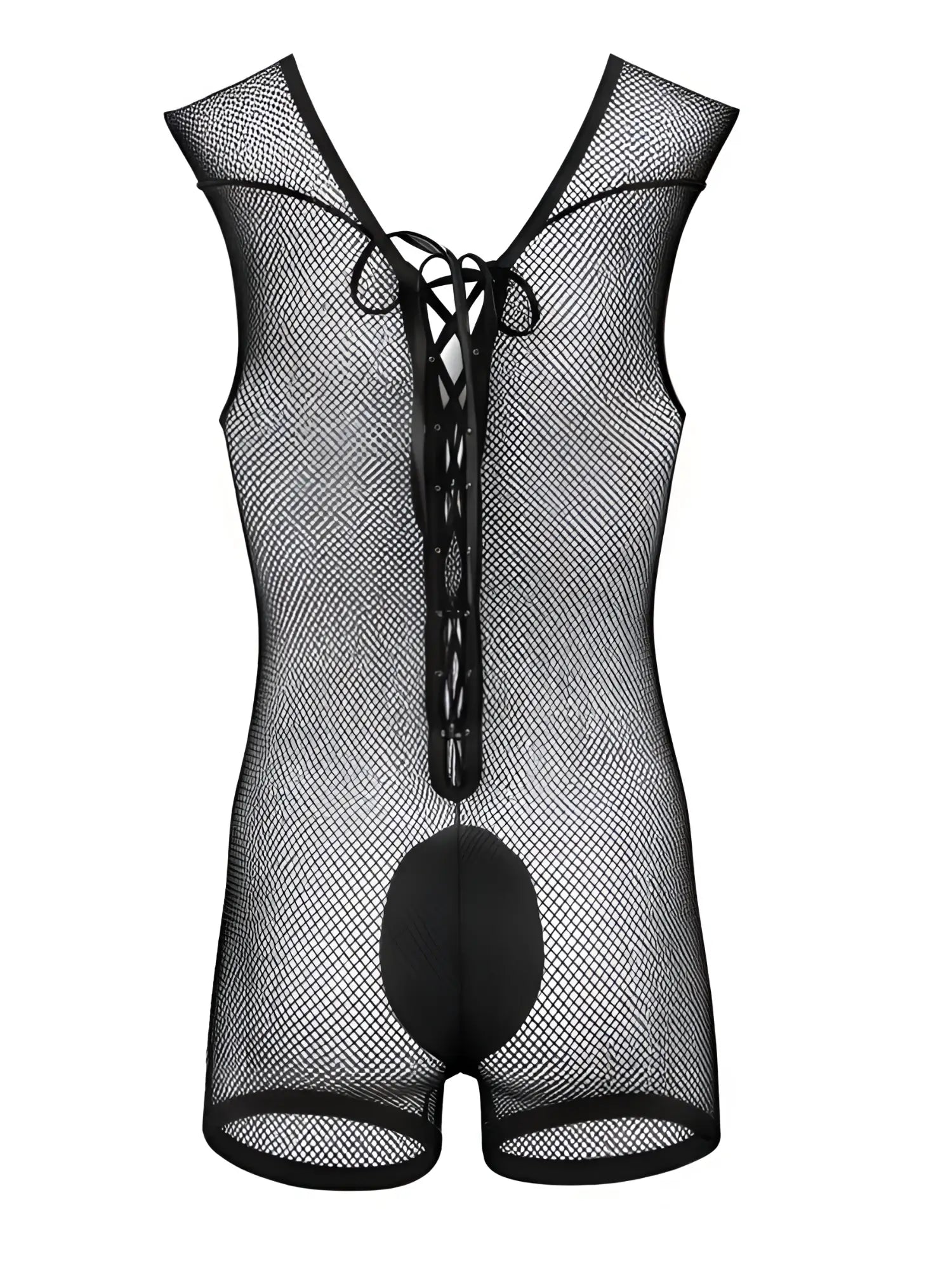 Black CandyMan fishnet bodysuit with sleeveless cut, back lace-up closure, and a solid opaque pouch.