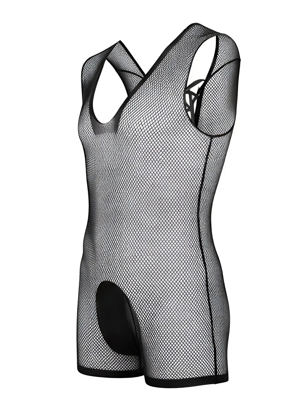 CandyMan black fishnet bodysuit with wide straps, racerback, and solid black pouch detail.