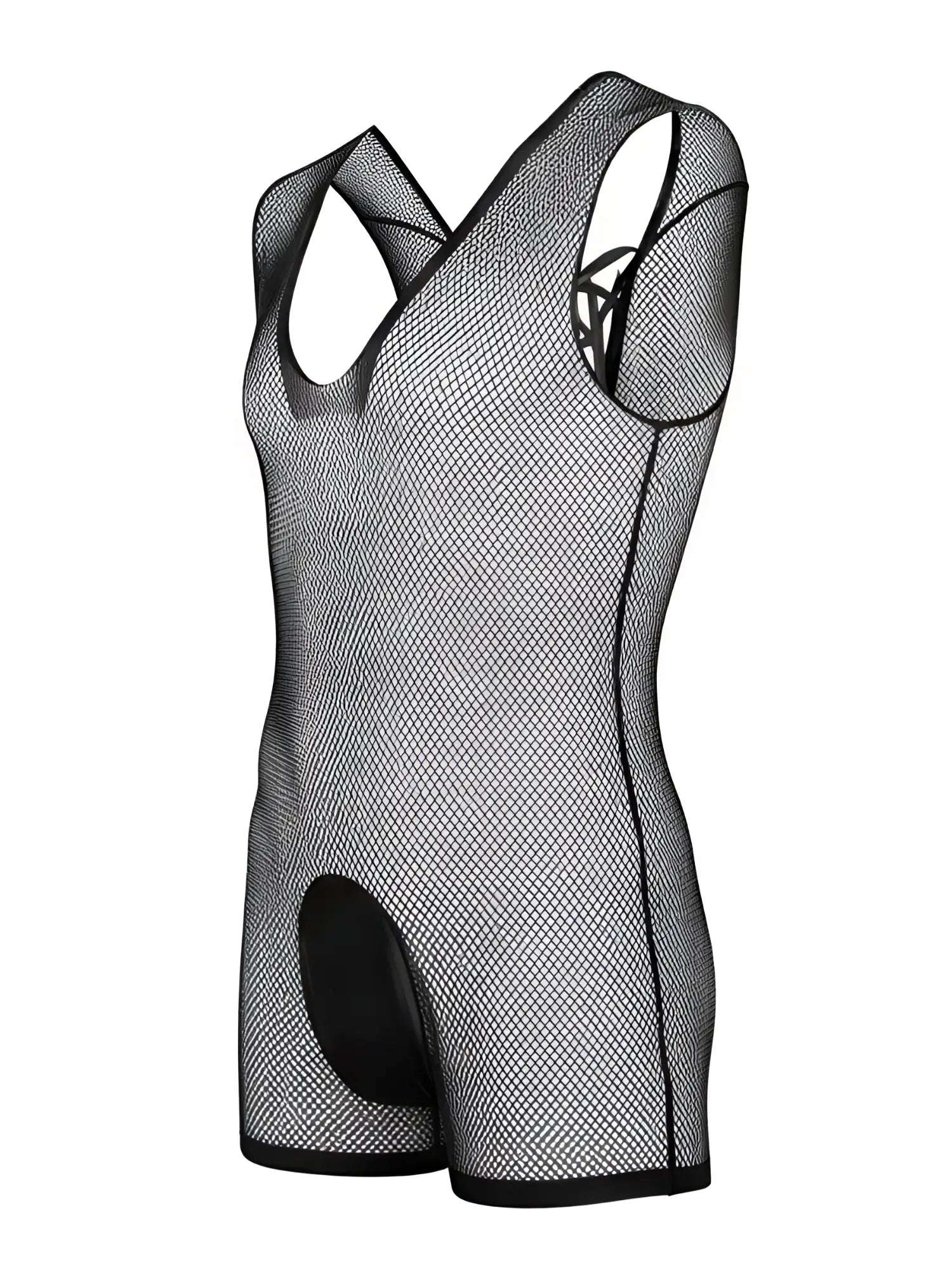 CandyMan black fishnet bodysuit with wide straps, racerback, and solid black pouch detail.