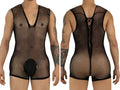 CandyMan black fishnet bodysuit featuring a deep V-neck, pouch front, and a lace-up back design.