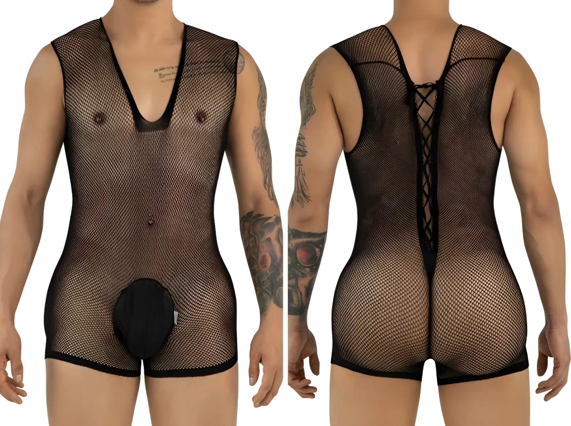 CandyMan black fishnet bodysuit featuring a deep V-neck, pouch front, and a lace-up back design.