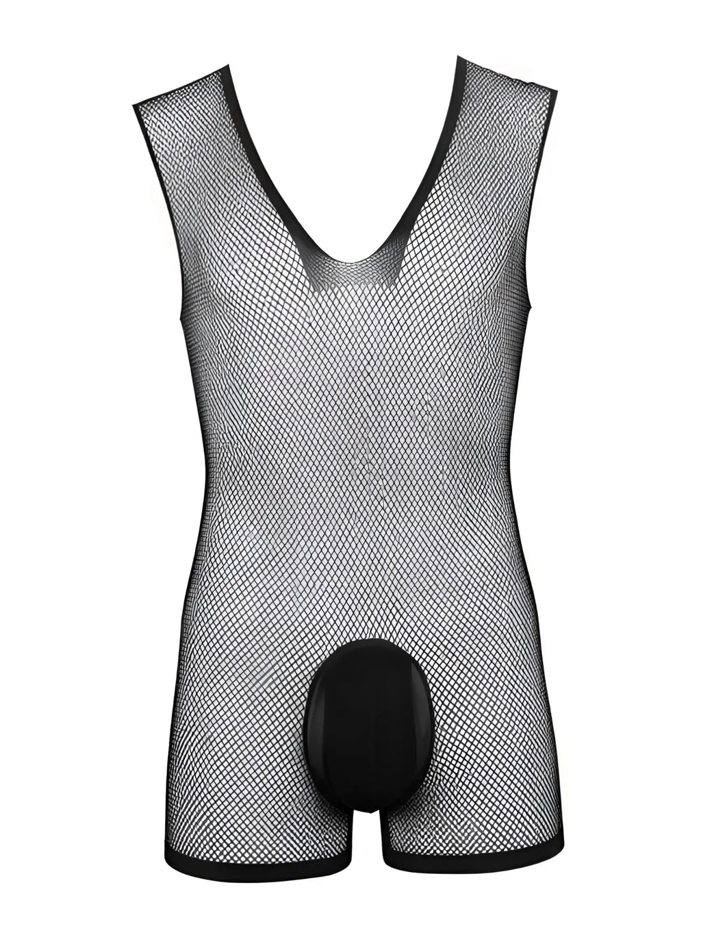 CandyMan black mesh bodysuit with a deep V-neck, sleeveless cut, and a solid opaque pouch.
