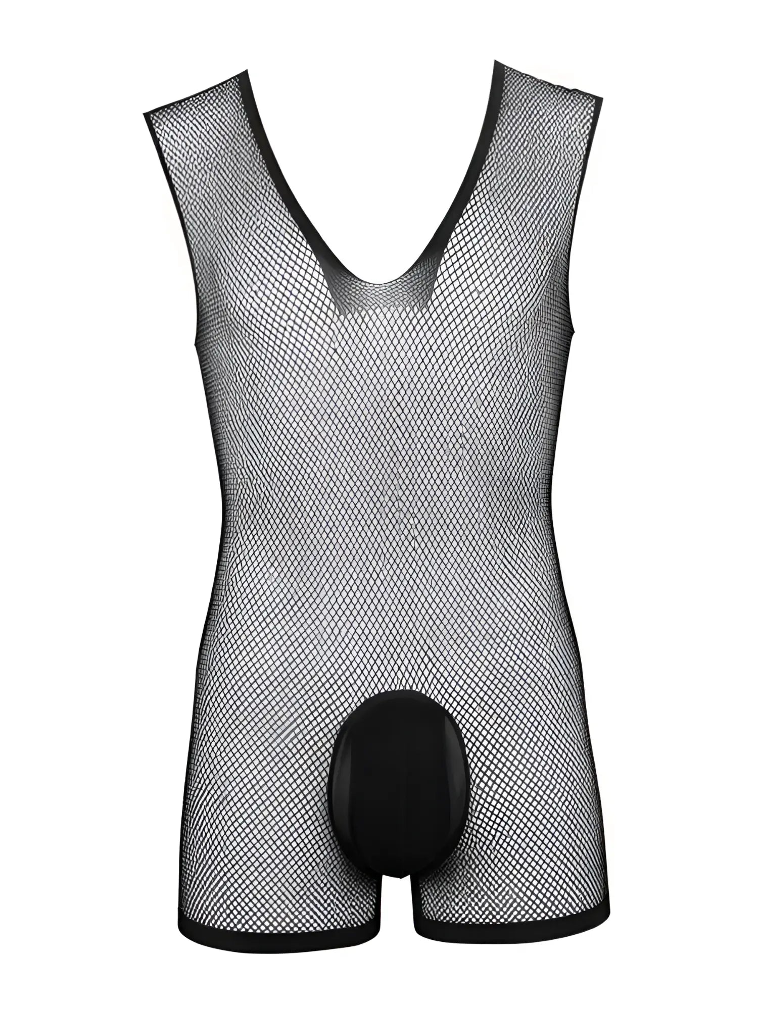 CandyMan black mesh bodysuit with a deep V-neck, sleeveless cut, and a solid opaque pouch.
