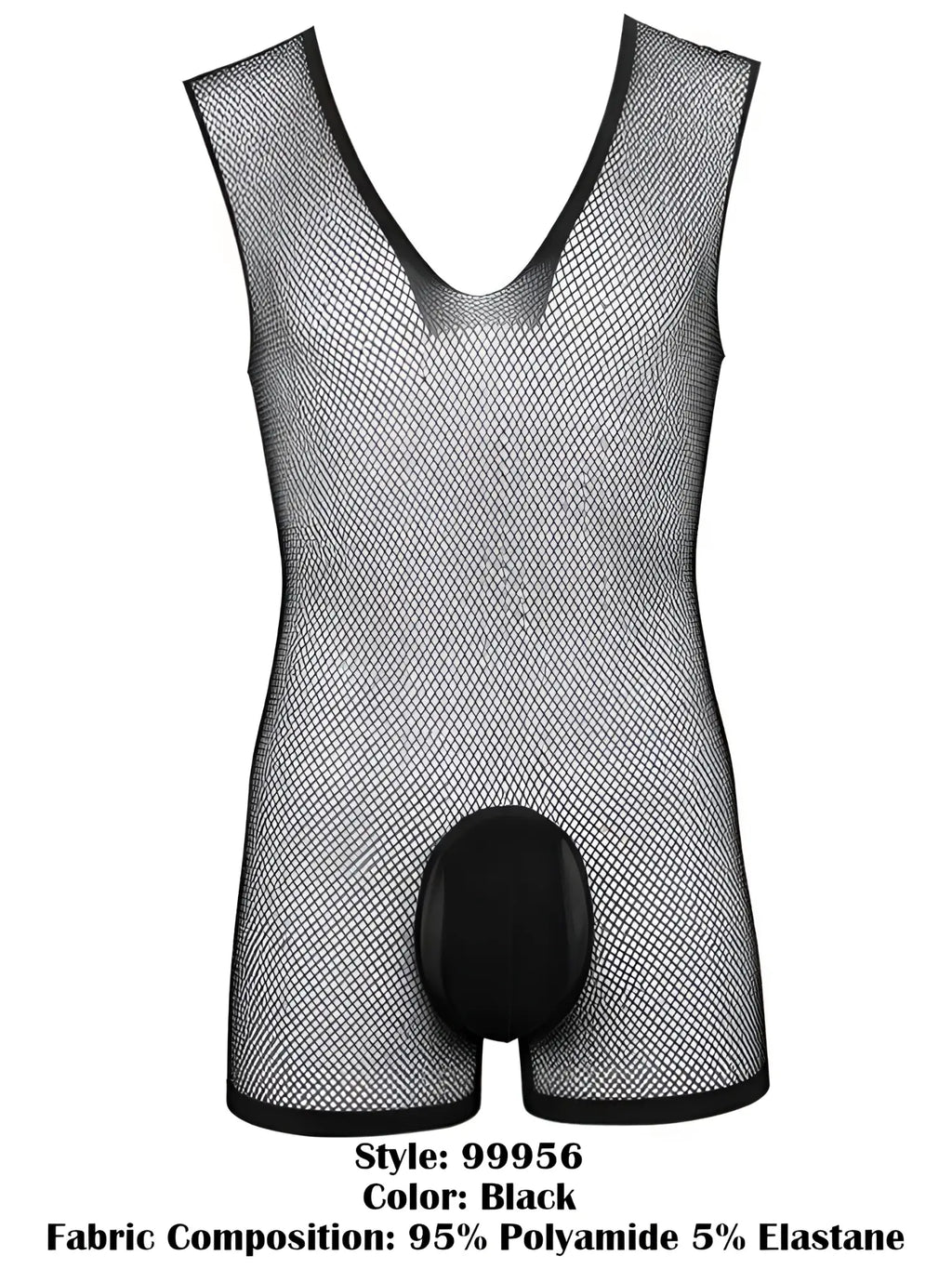 CandyMan black sleeveless bodysuit in sheer mesh fabric with a solid opaque crotch pouch and V-neckline.