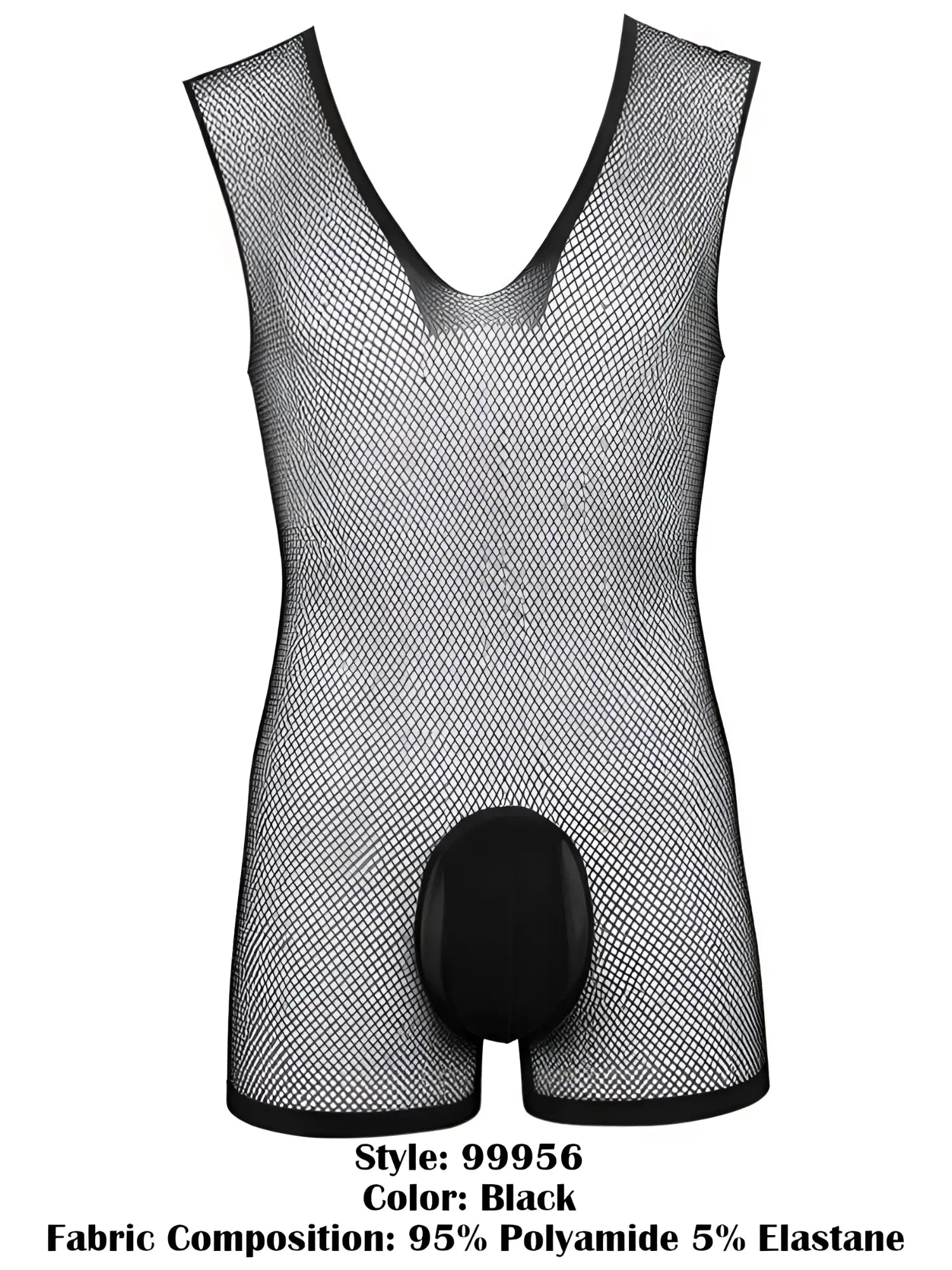 CandyMan black sleeveless bodysuit in sheer mesh fabric with a solid opaque crotch pouch and V-neckline.