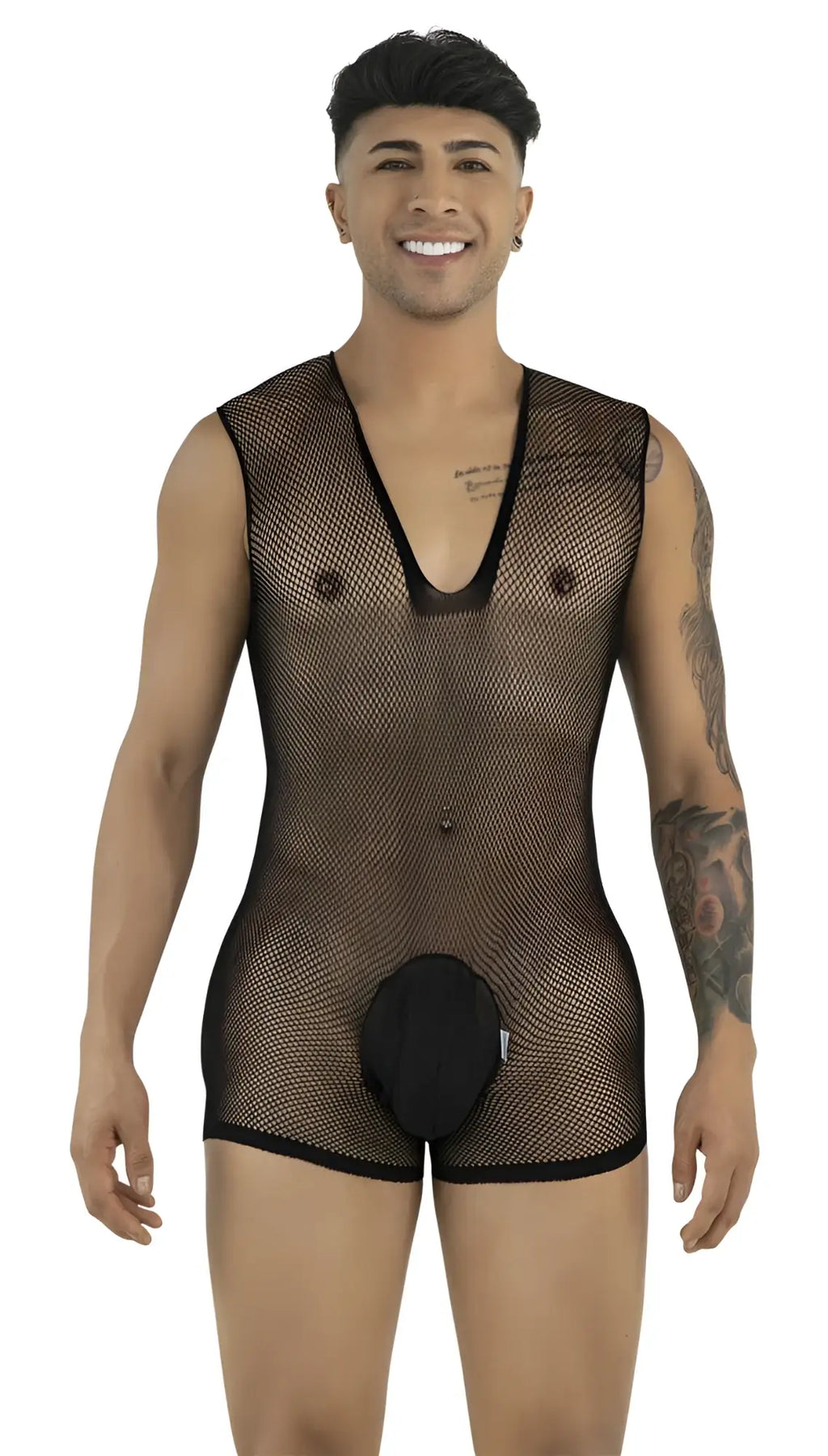 CandyMan black mesh bodysuit with a deep V-neck, sleeveless design, and an opaque black pouch.